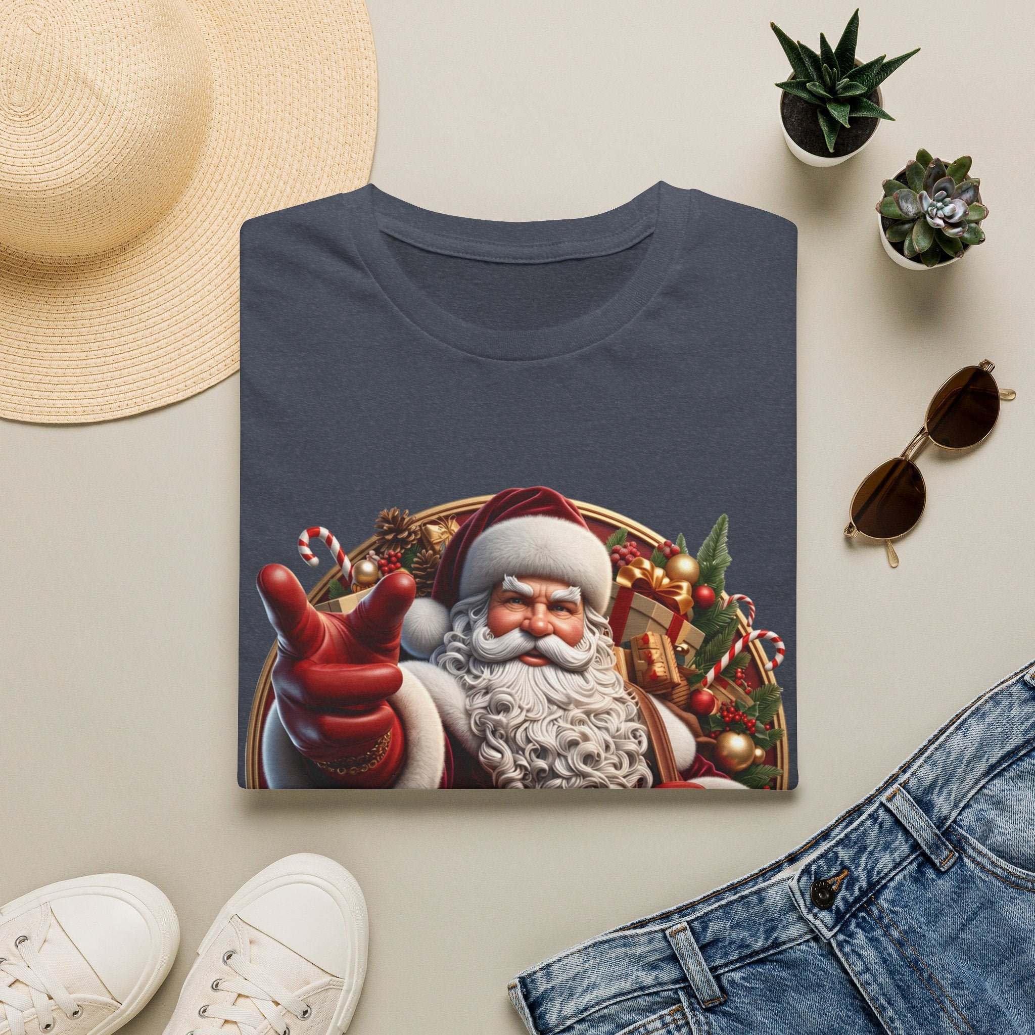 Santa You're On The List Pointing print on a Heather Navy t-shirt, folded beside a straw hat and jeans