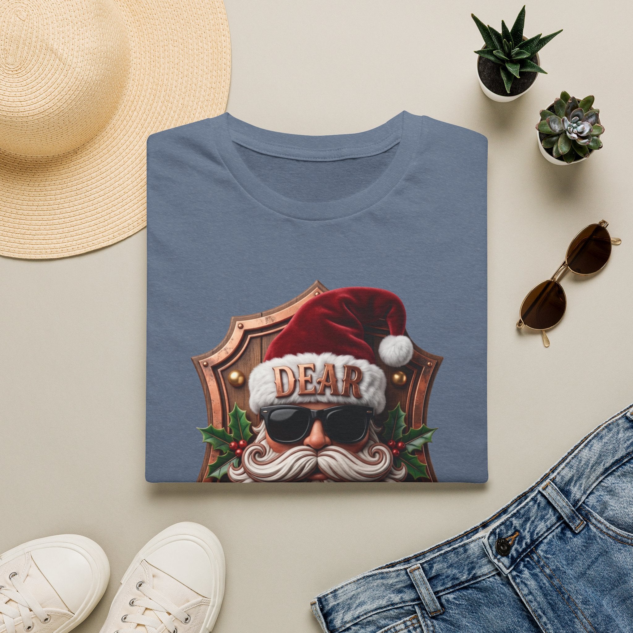 Dear Santa I Can Explain Sunglasses Crest print on a Heather Indigo t-shirt, folded beside a straw hat and jeans