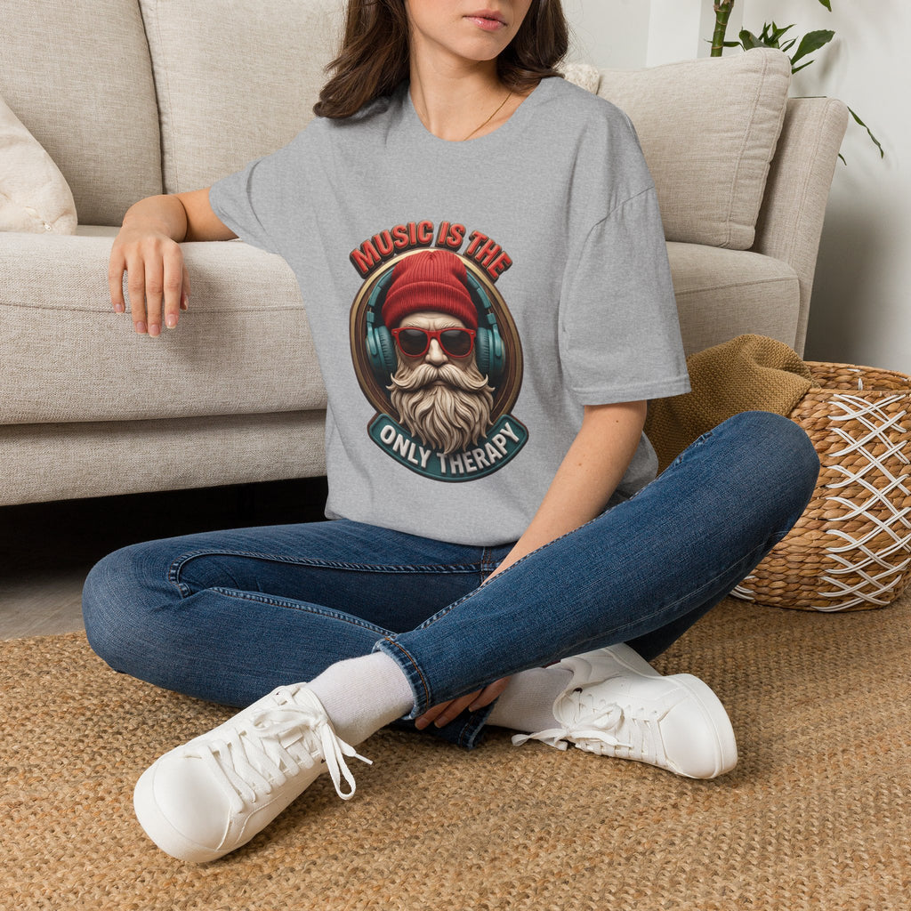 Music Is The Only Therapy Bearded Beanie t-shirt in Sport Grey, worn by a woman seated on a rug