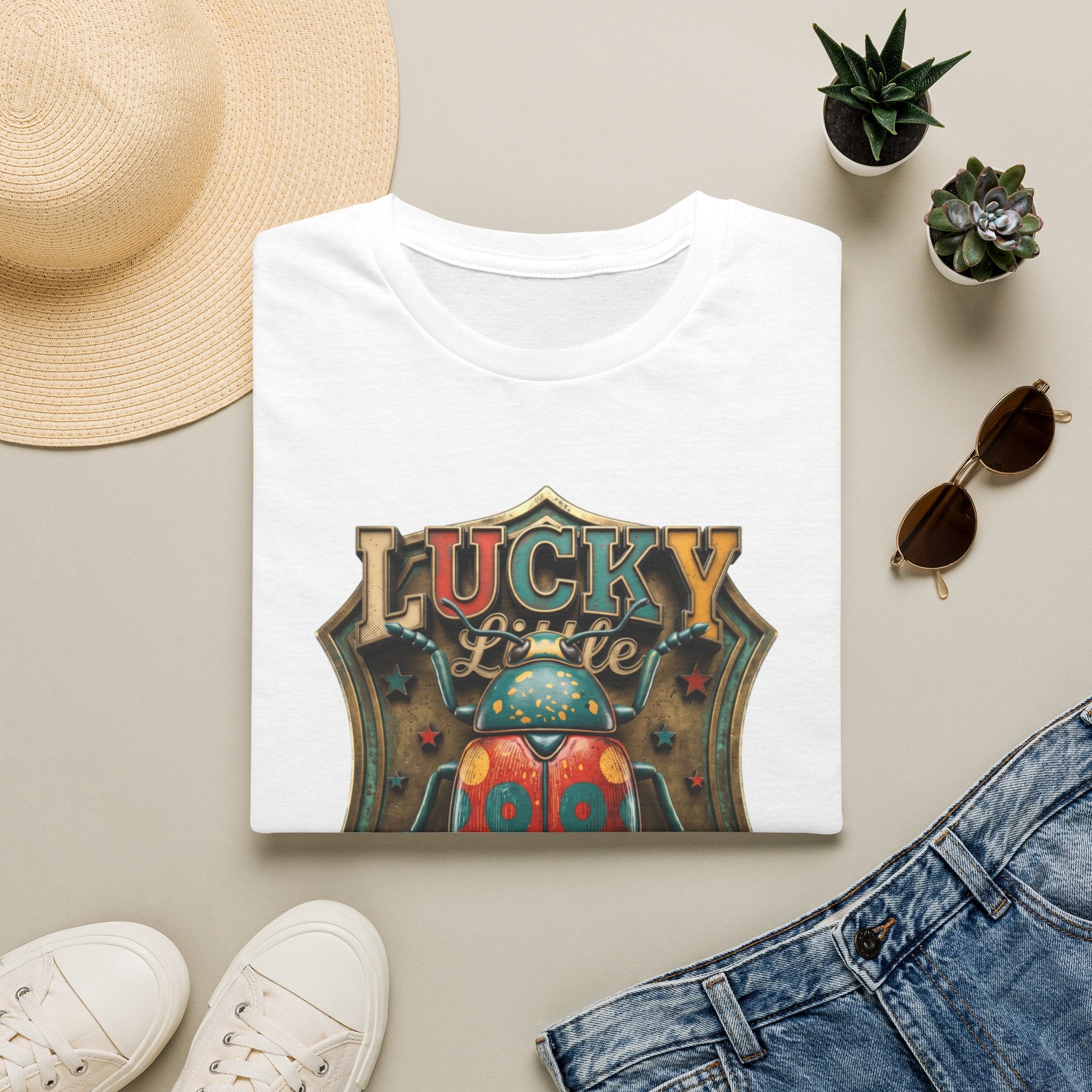 Lucky Little Bugger Vintage Beetle print on a White t-shirt, folded beside a straw hat and jeans