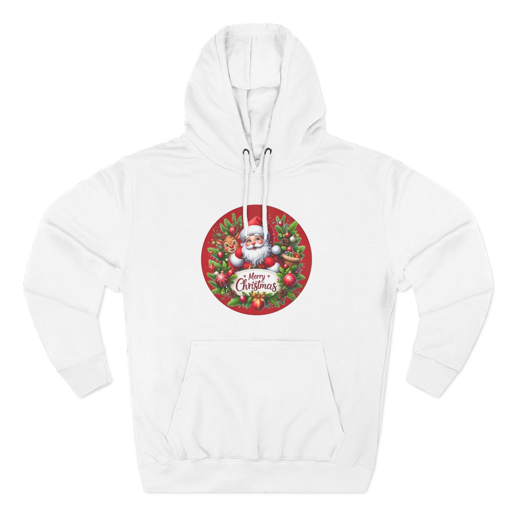 Santa & Reindeer Merry Christmas Wreath Hoodie, shown in White