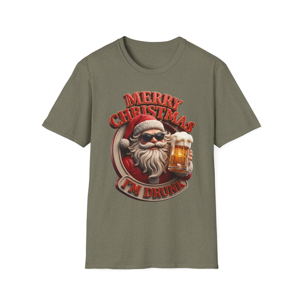 Merry Christmas I'm Drunk Santa print on the front of a Heather Military Green t-shirt, laid flat on white