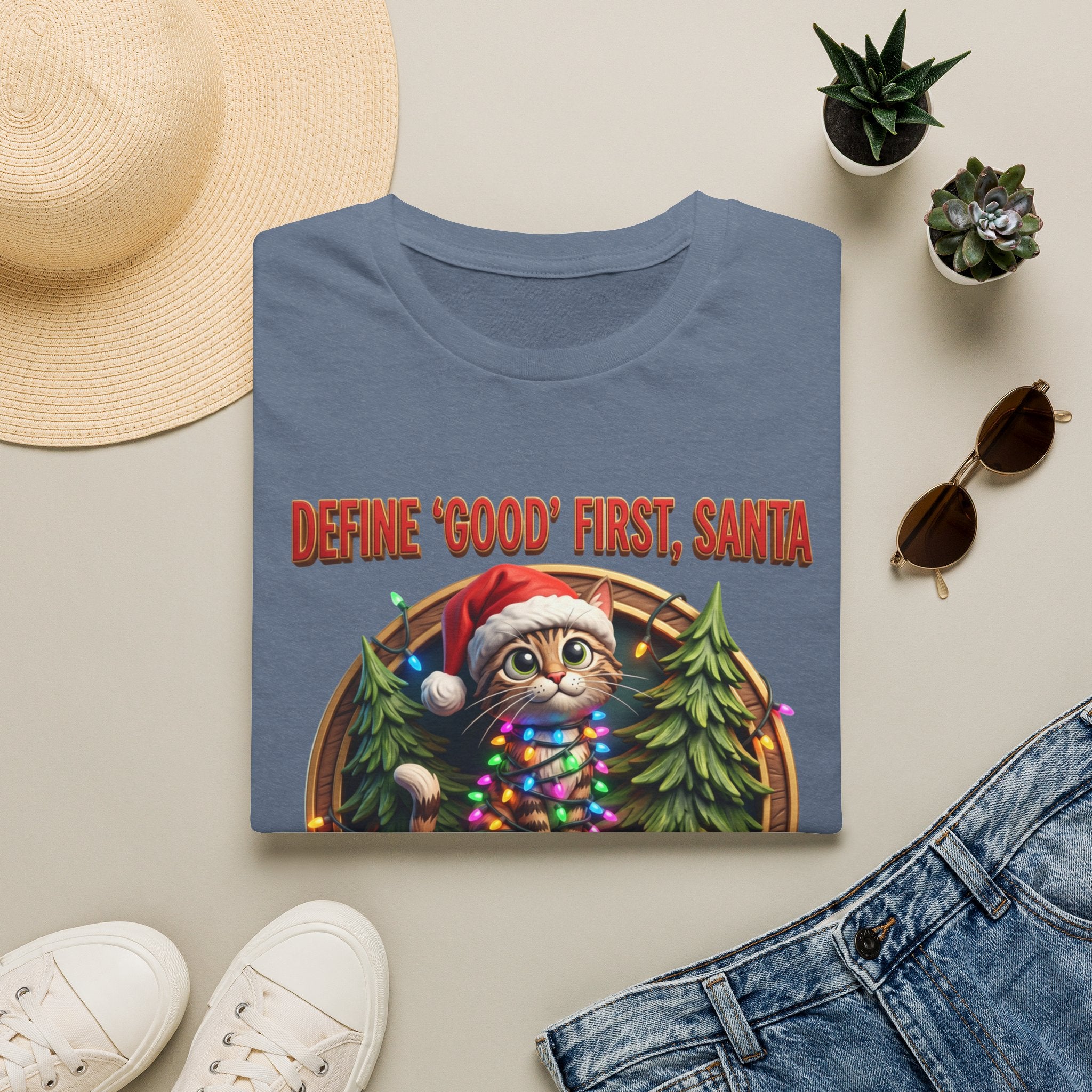 Define Good First Santa Funny Christmas Cat print on a Heather Indigo t-shirt, folded beside a straw hat and jeans