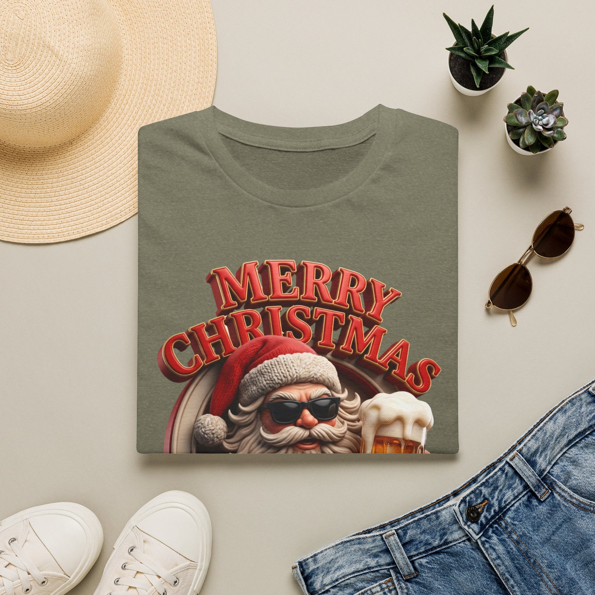 Merry Christmas I'm Drunk Santa print on a Heather Military Green t-shirt, folded beside a straw hat and jeans