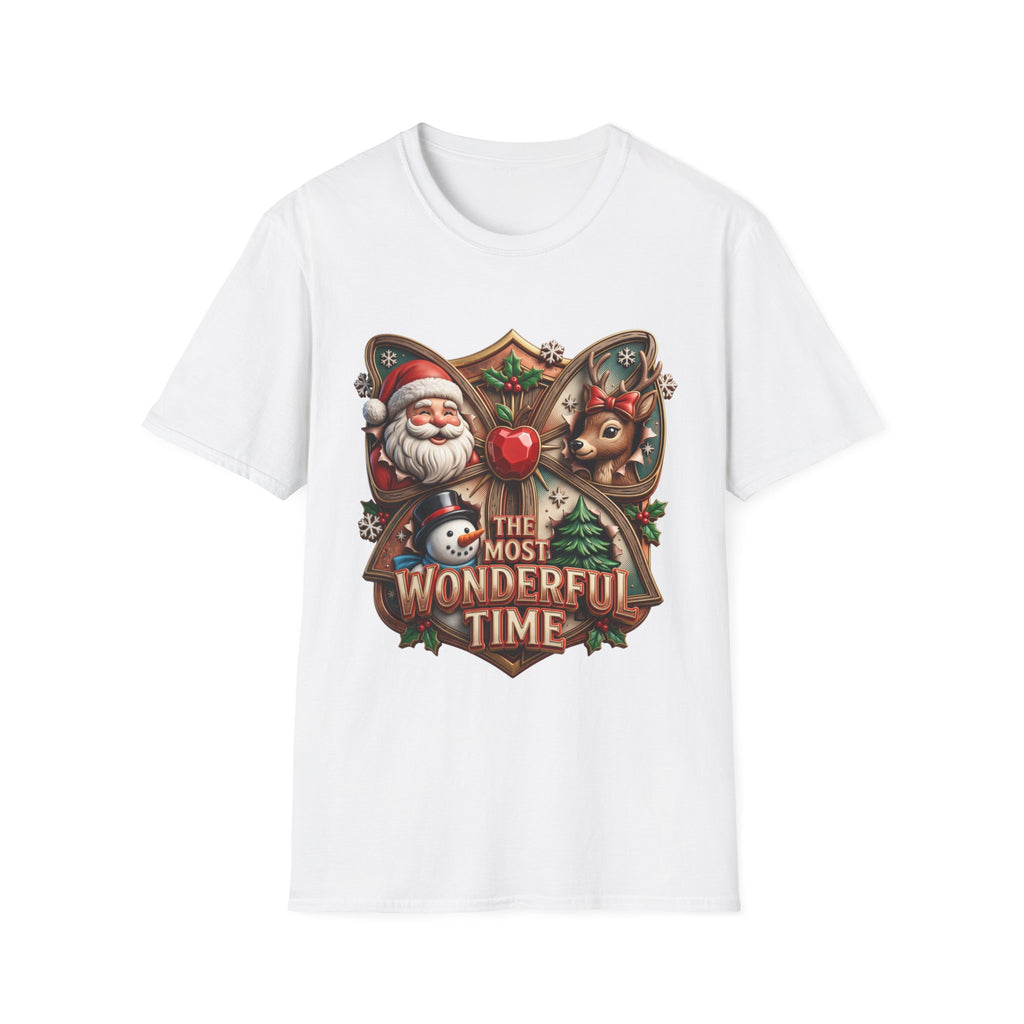 The Most Wonderful Time Wood Crest Santa print on the front of a White t-shirt, laid flat on white