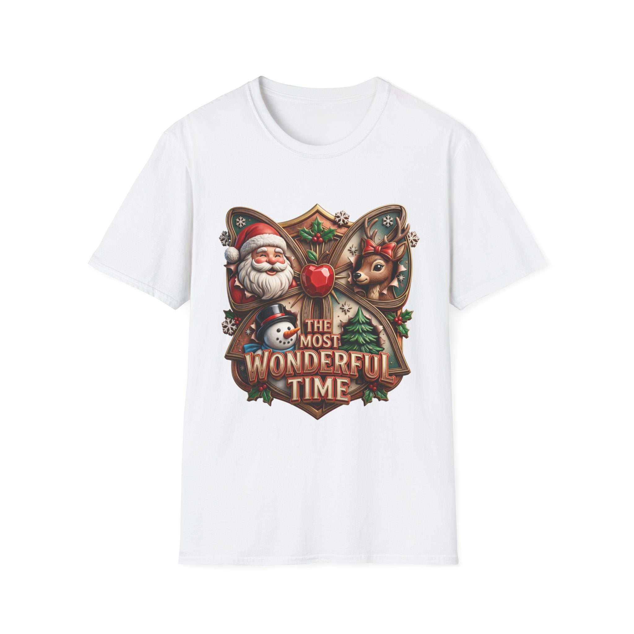 The Most Wonderful Time Wood Crest Santa print on the front of a White t-shirt, laid flat on white