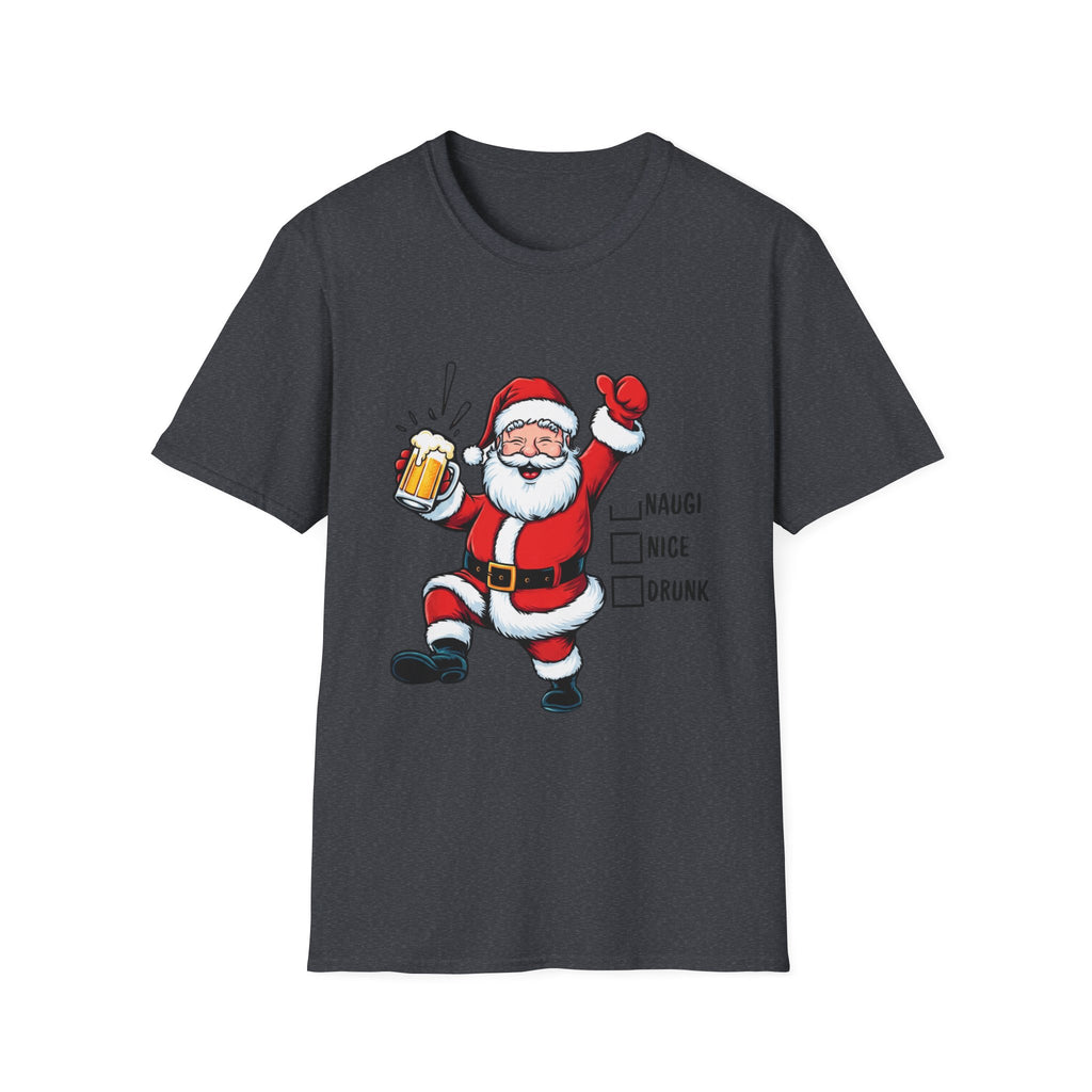 Naughty Nice Drunk Santa Beer Checklist print on the front of a Dark Heather Grey t-shirt, laid flat on white