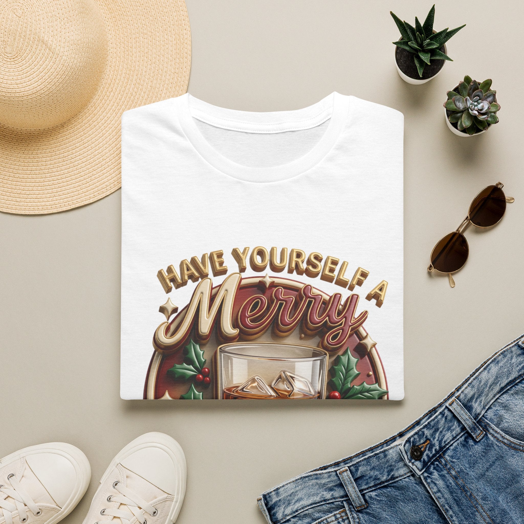 Have Yourself a Merry Little Cocktail print on a White t-shirt, folded beside a straw hat and jeans