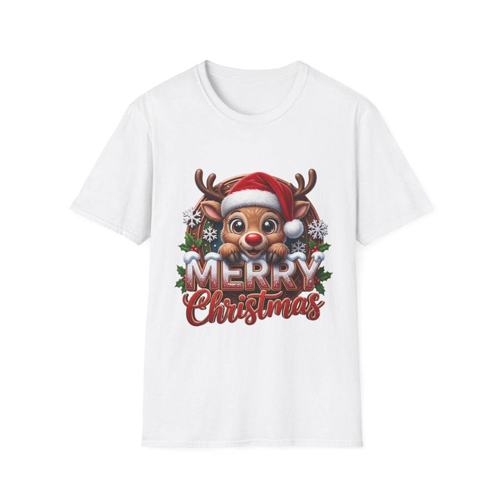 Cute Red-Nosed Reindeer print on the front of a White t-shirt, laid flat on white