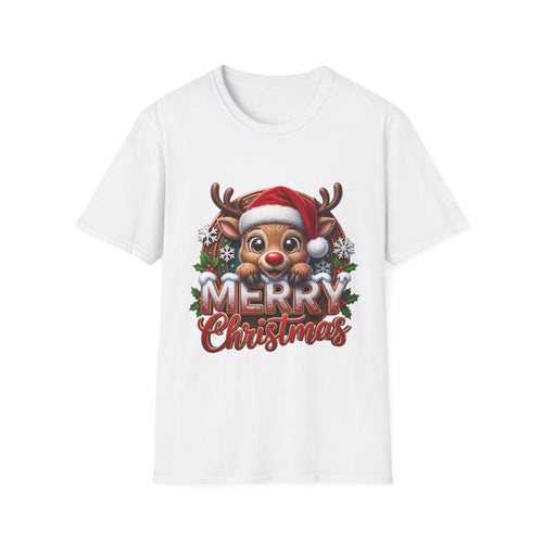 Cute Red-Nosed Reindeer print on the front of a White t-shirt, laid flat on white