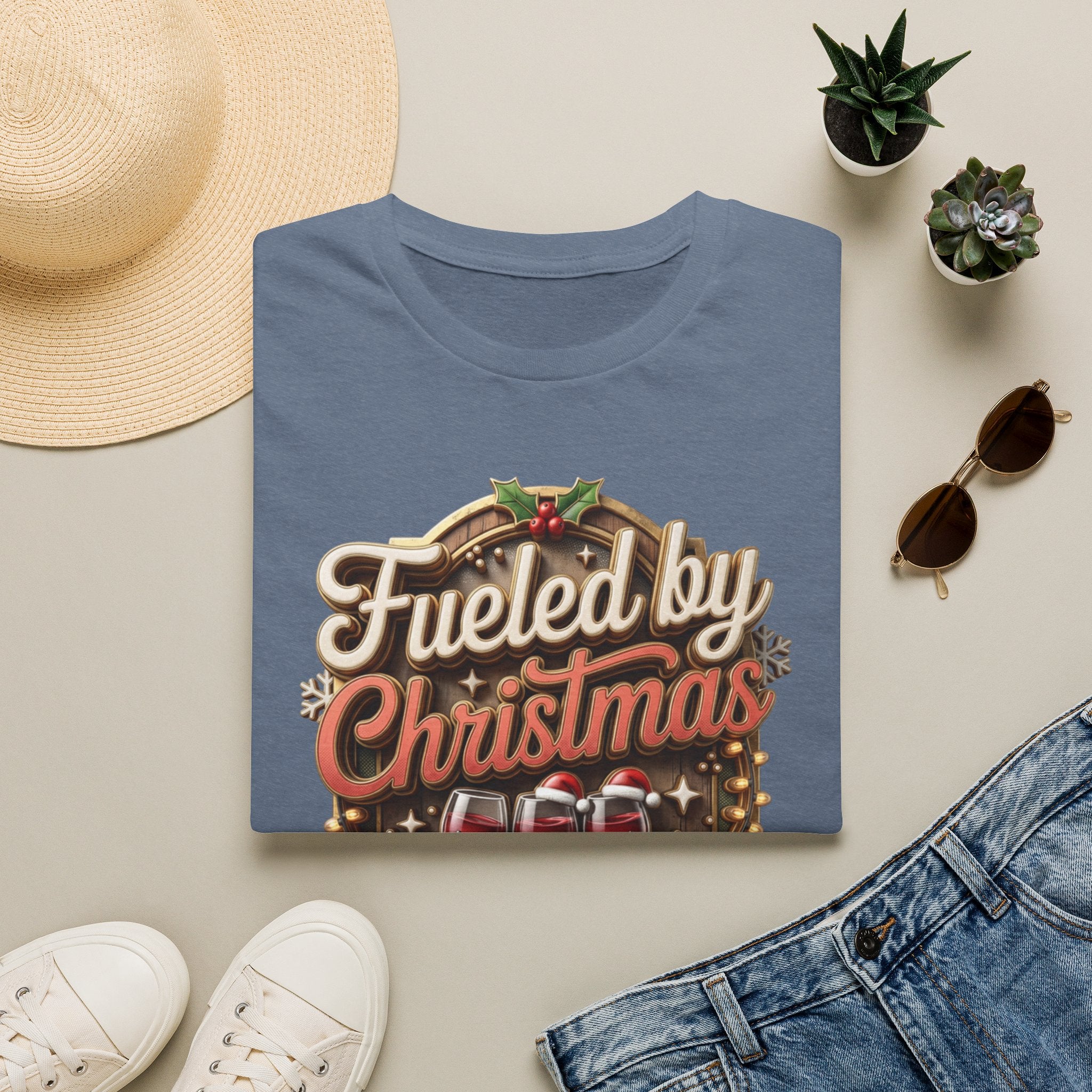 Fueled by Christmas Spirits Wine print on a Heather Indigo t-shirt, folded beside a straw hat and jeans