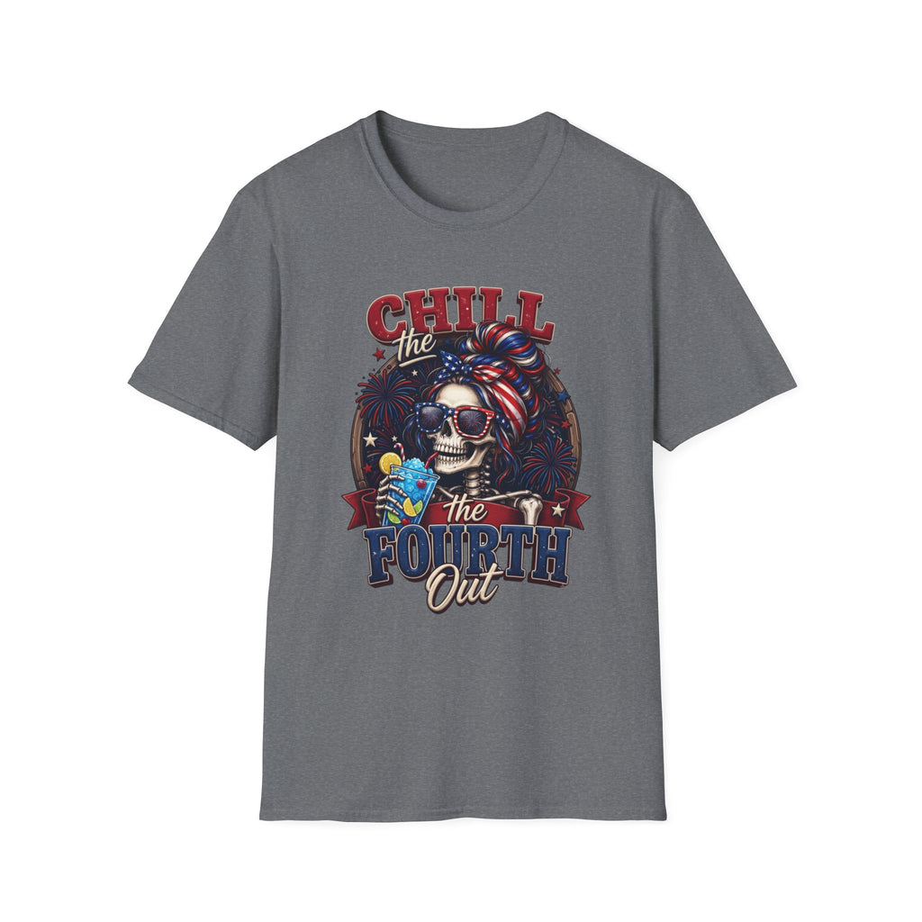 Chill the Fourth Out Patriotic Skeleton 4th of July print on the front of a Graphite Heather t-shirt, laid flat on white
