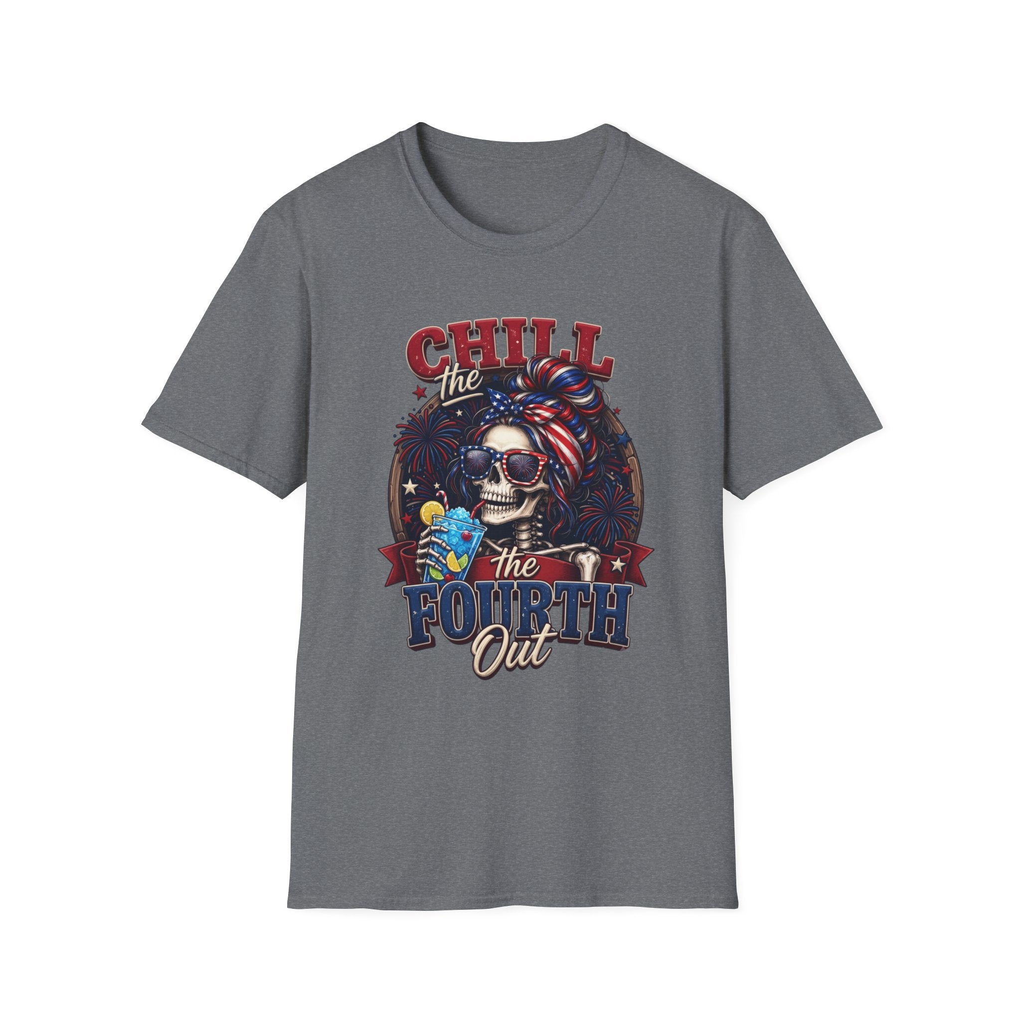 Chill the Fourth Out Patriotic Skeleton 4th of July print on the front of a Graphite Heather t-shirt, laid flat on white