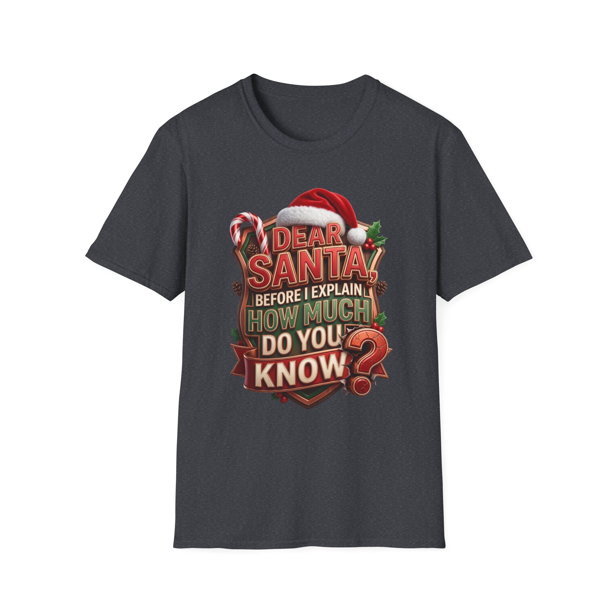 Dear Santa Before I Explain print on the front of a Dark Heather Grey t-shirt, laid flat on white