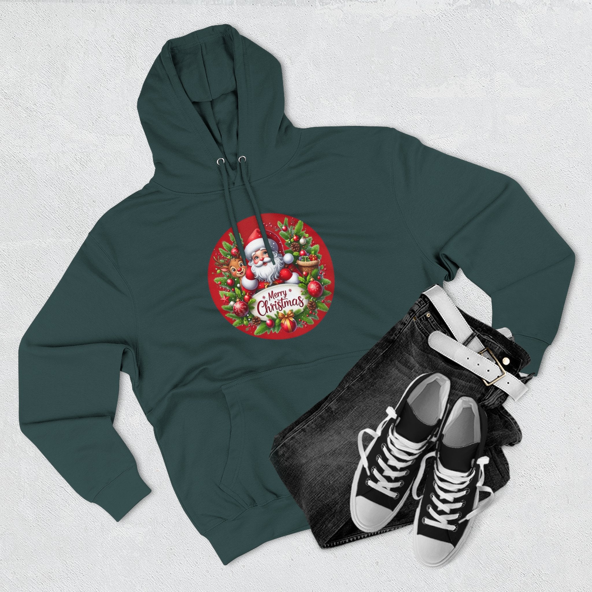 Santa & Reindeer Merry Christmas Wreath Hoodie