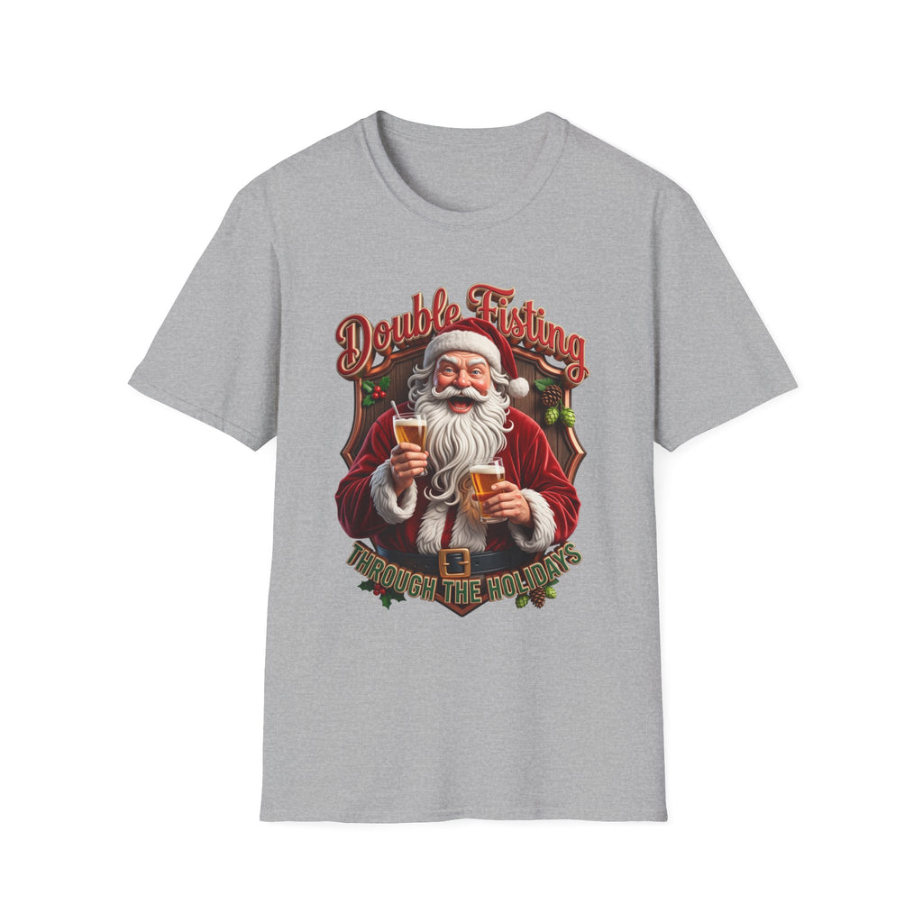 Santa Beer in Each Hand Funny print on the front of a Sport Grey t-shirt, laid flat on white