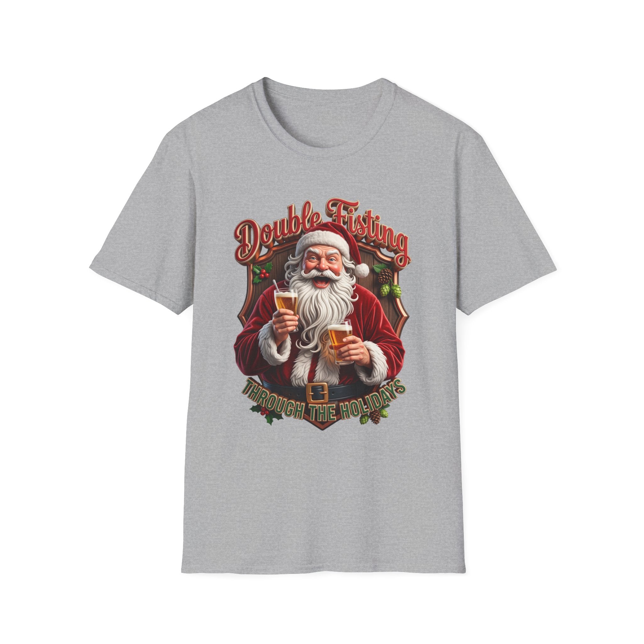 Santa Beer in Each Hand Funny print on the front of a Sport Grey t-shirt, laid flat on white