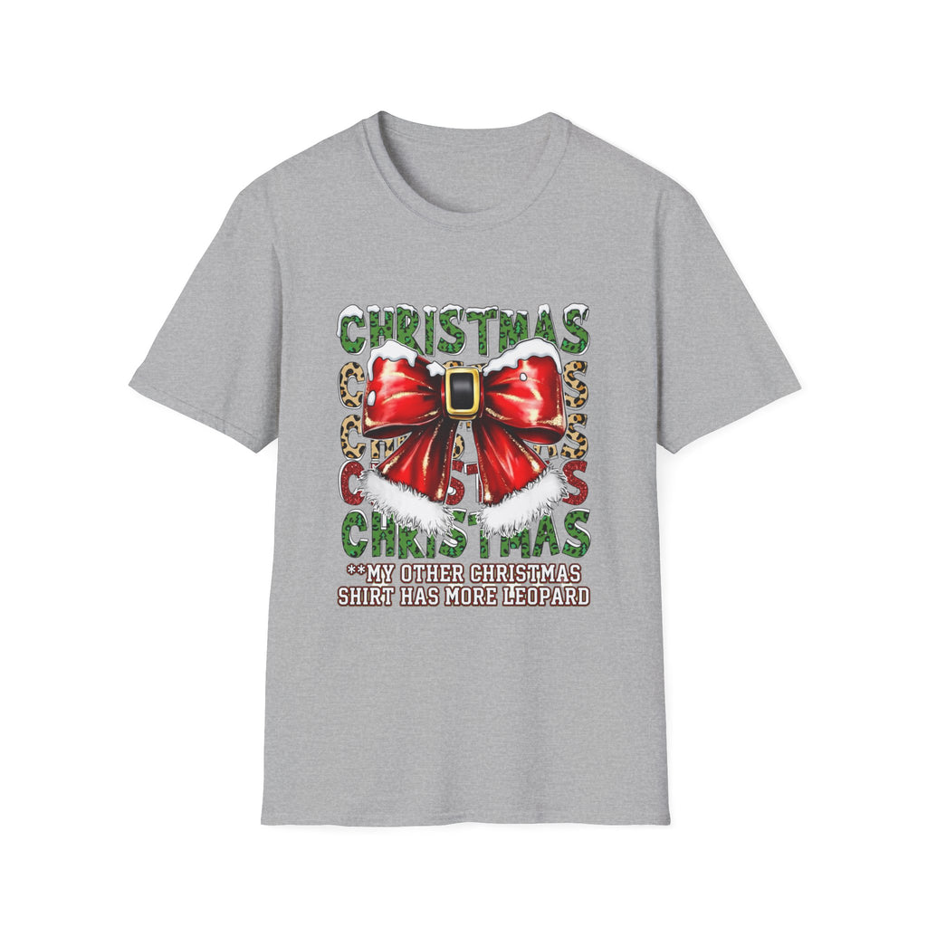 Stacked Christmas Leopard Print Santa Belt Bow print on the front of a Sport Grey t-shirt, laid flat on white