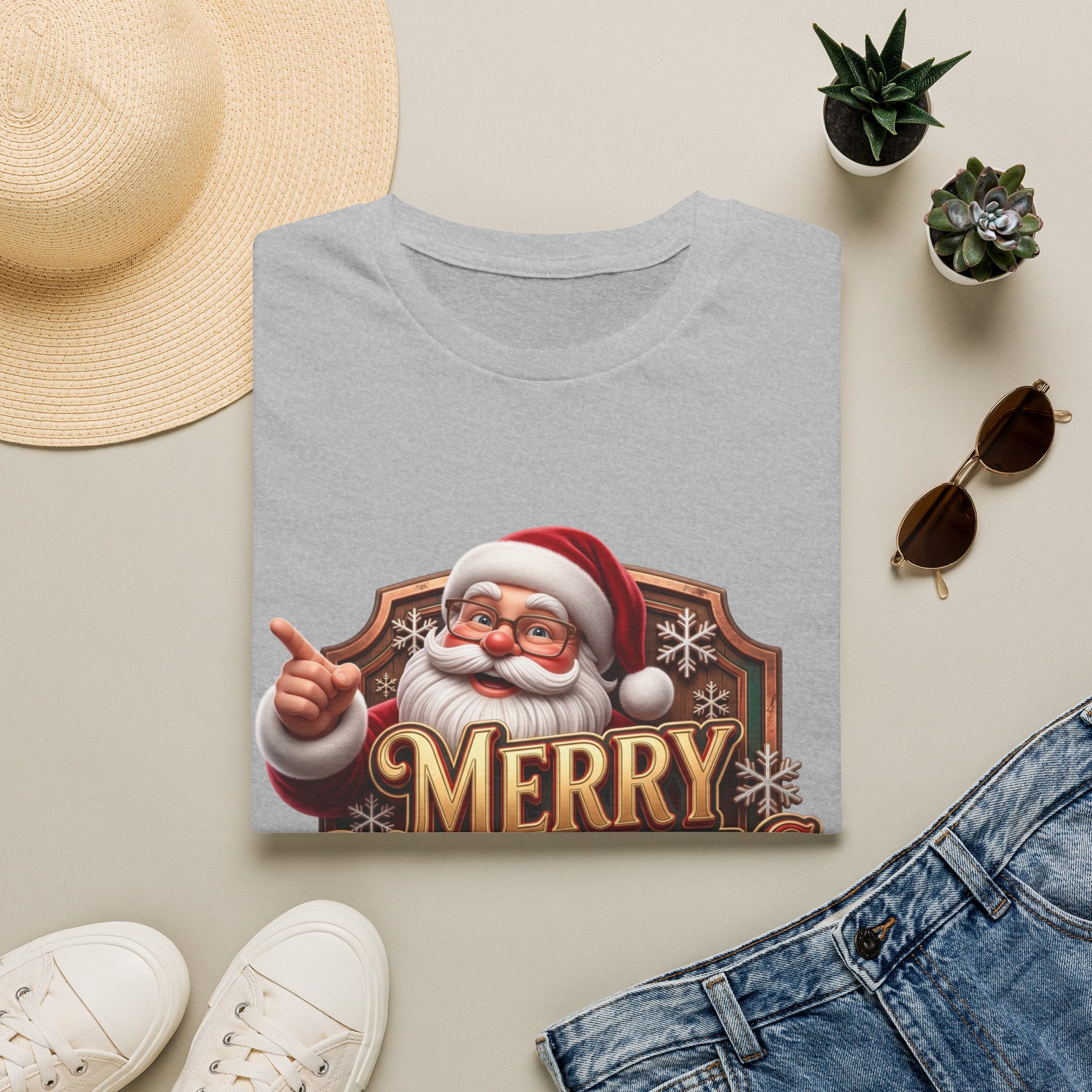 Vintage Santa Merry Christmas Badge print on a Sport Grey t-shirt, folded beside a straw hat and jeans