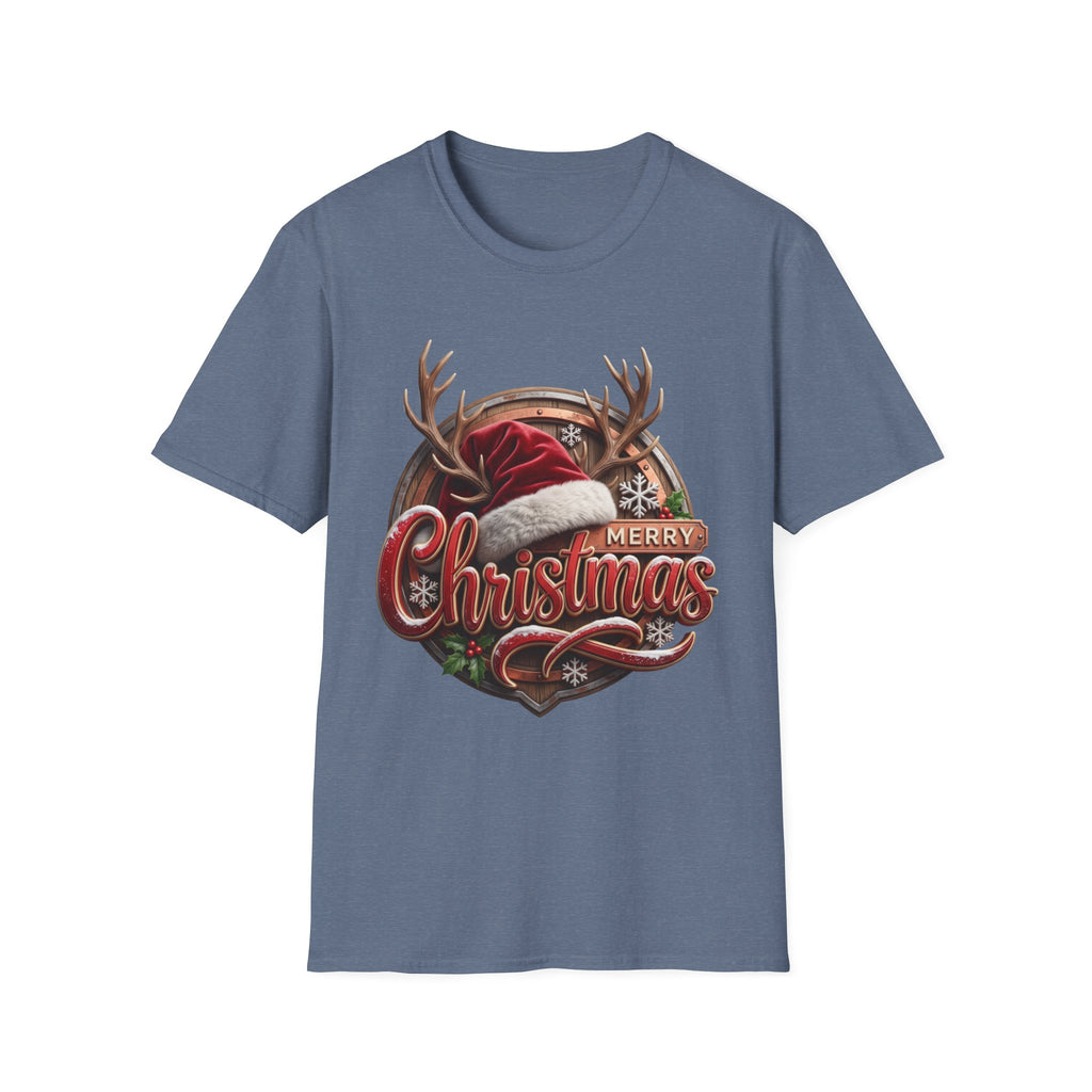 Merry Christmas Vintage Santa Hat & Antlers print on the front of a Heather Indigo t-shirt, laid flat on white
