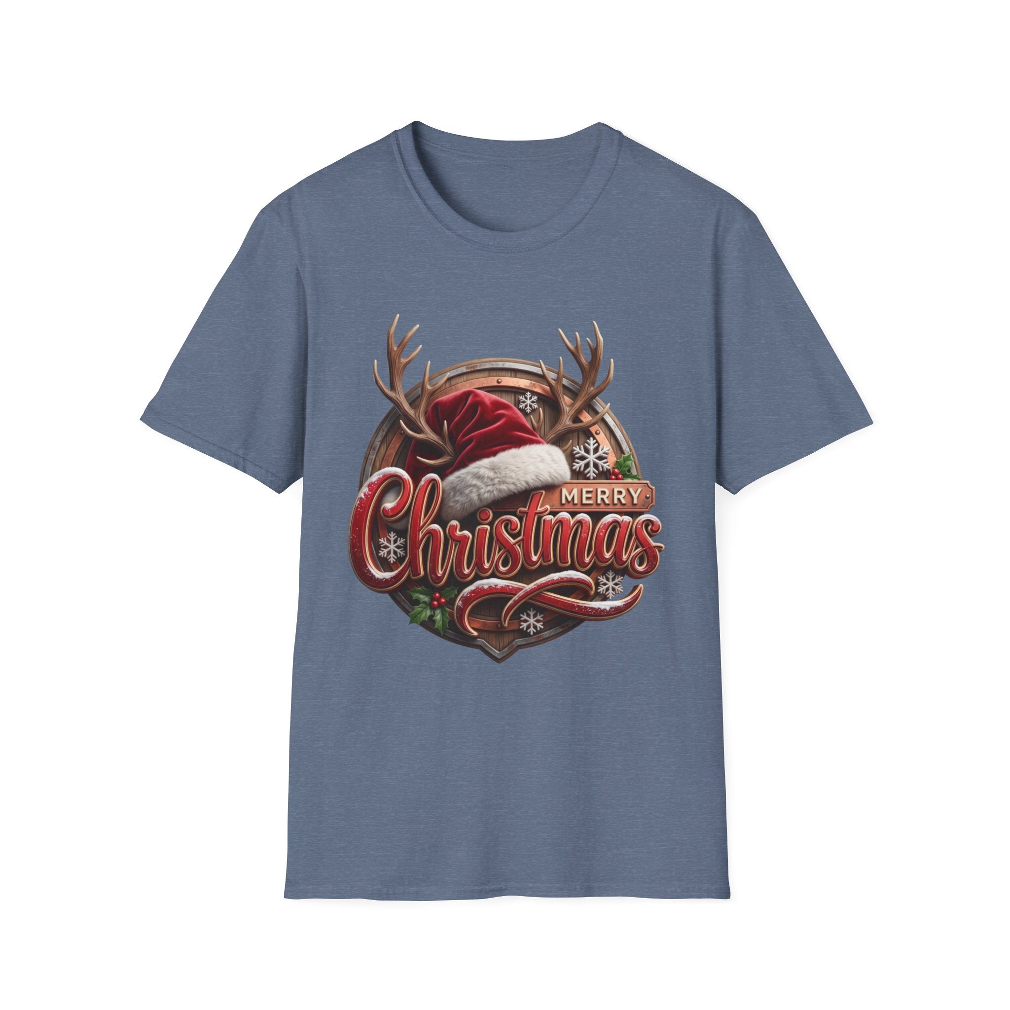 Merry Christmas Vintage Santa Hat & Antlers print on the front of a Heather Indigo t-shirt, laid flat on white
