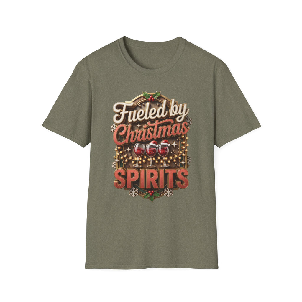 Fueled by Christmas Spirits Wine print on the front of a Heather Military Green t-shirt, laid flat on white