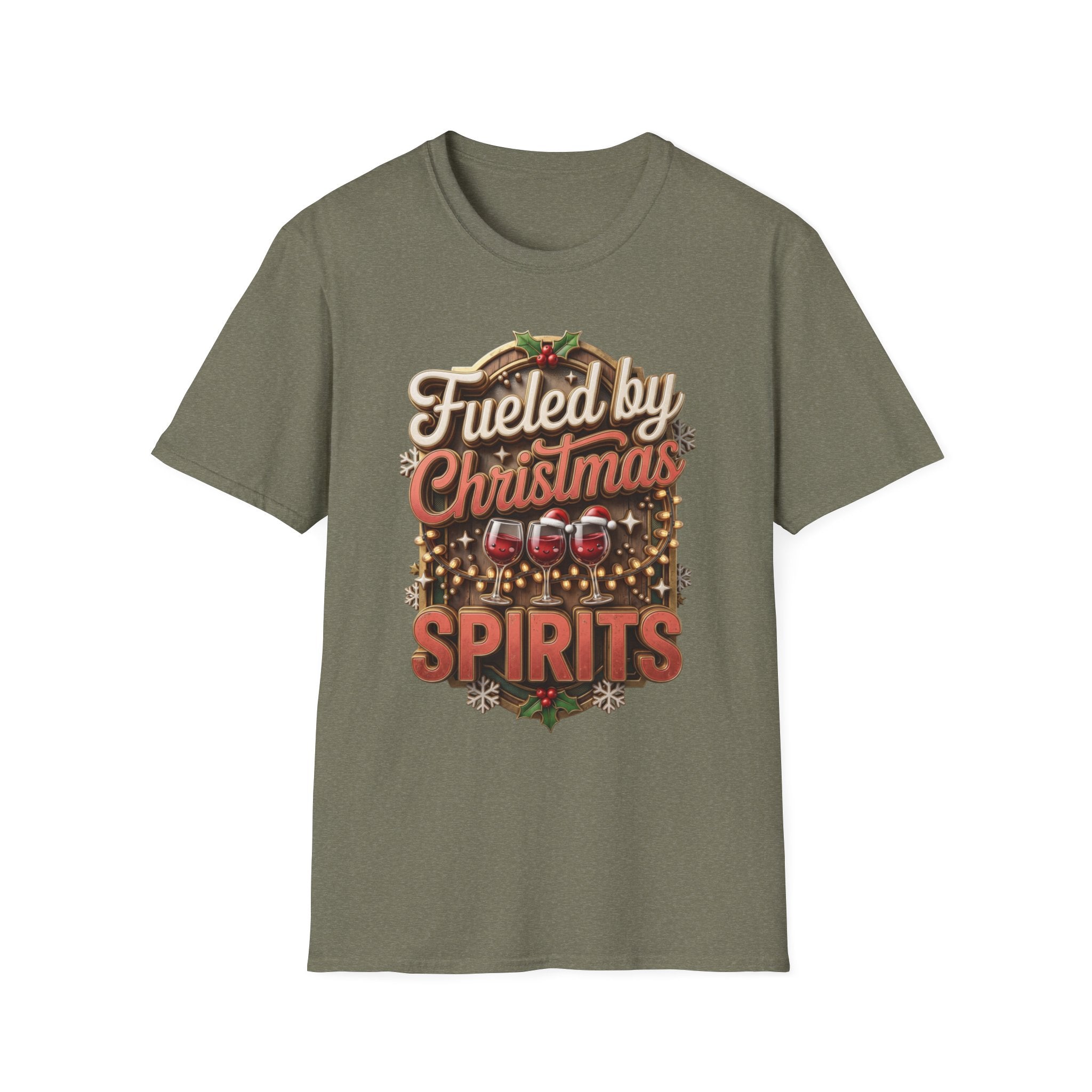 Fueled by Christmas Spirits Wine print on the front of a Heather Military Green t-shirt, laid flat on white