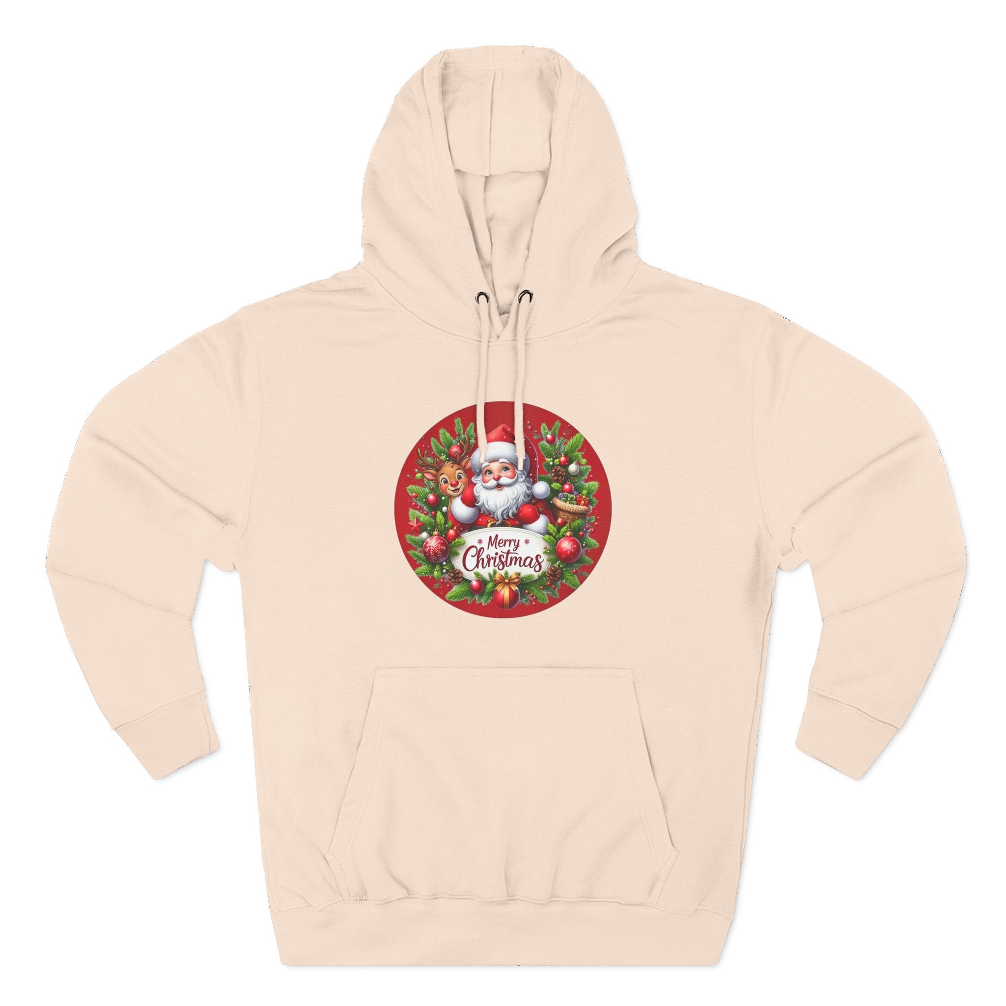 Santa & Reindeer Merry Christmas Wreath Hoodie, shown in Pale Pink
