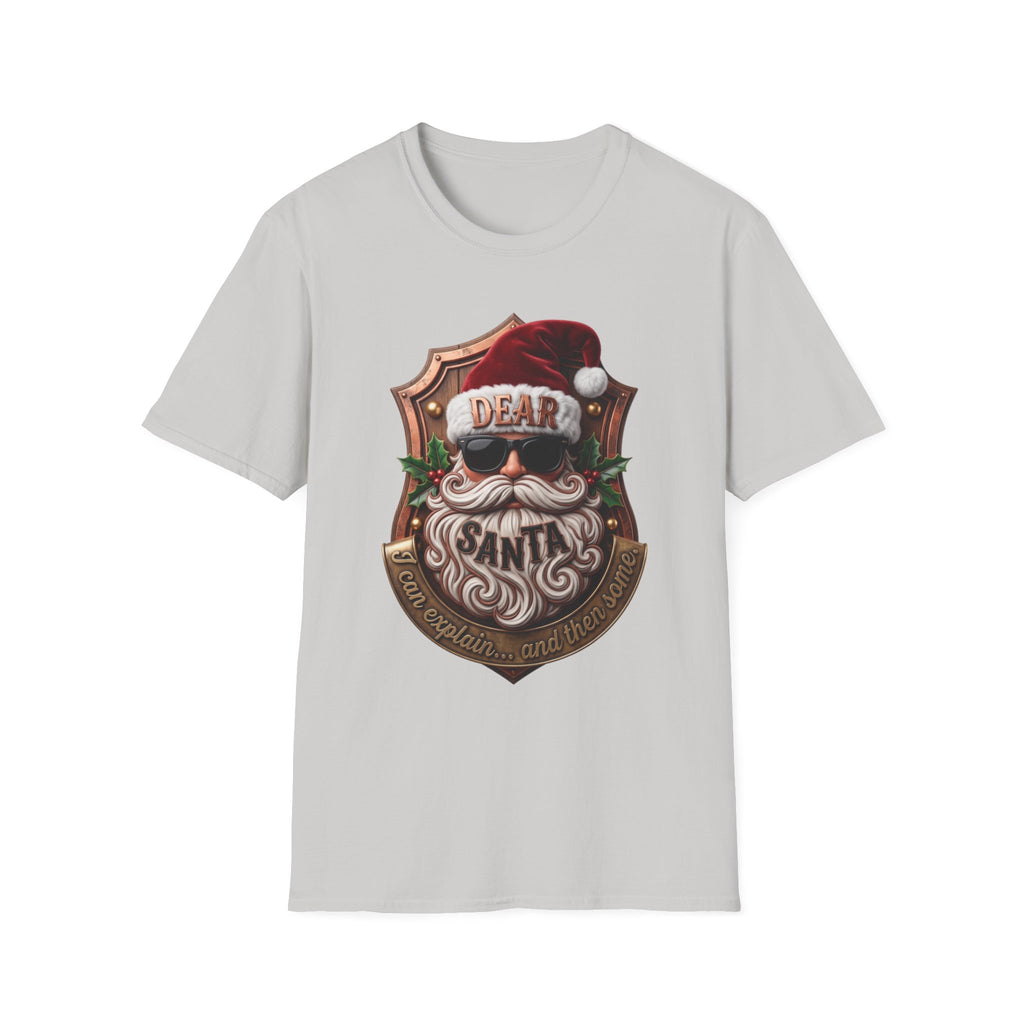 Dear Santa I Can Explain Sunglasses Crest print on the front of an Ice Grey t-shirt, laid flat on white