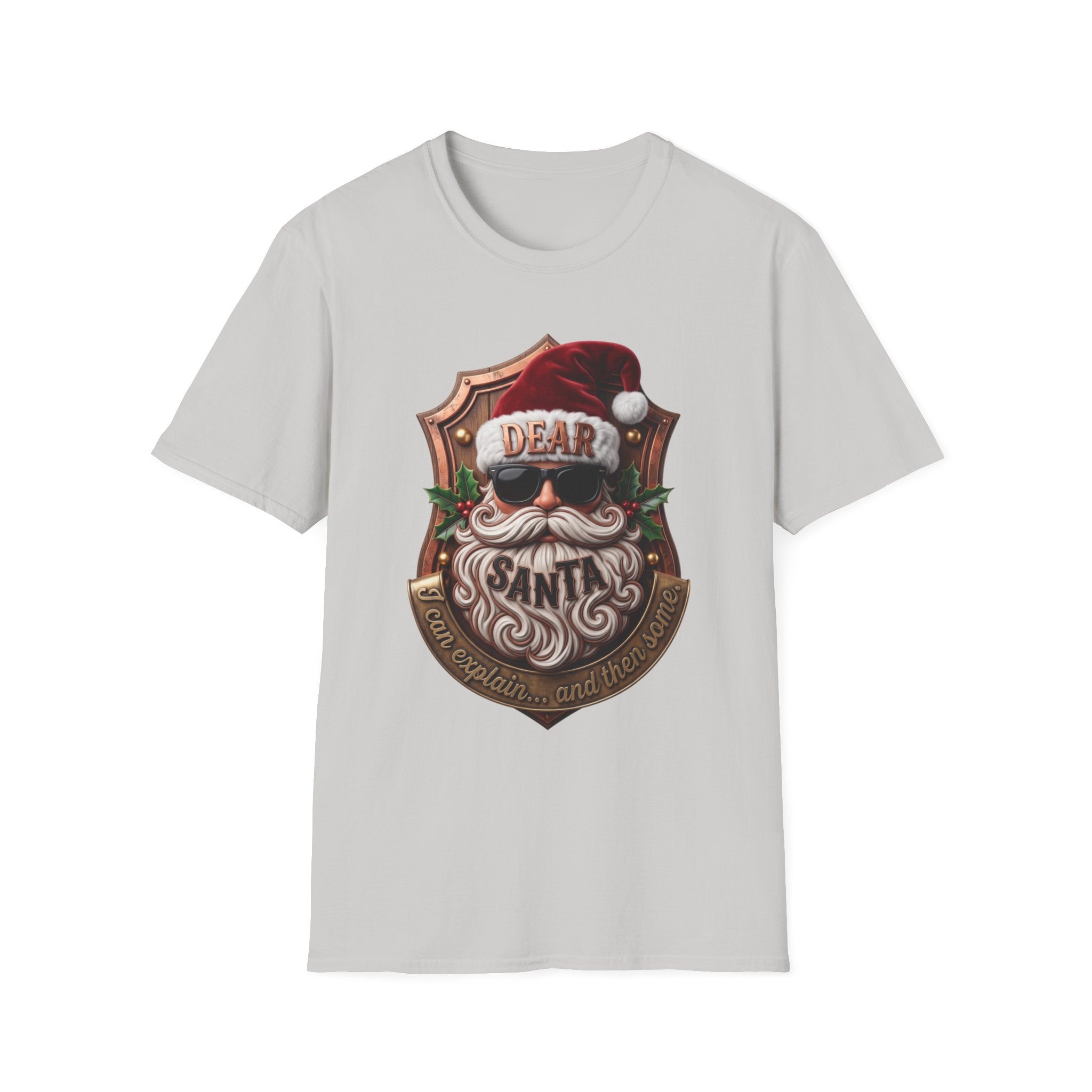 Dear Santa I Can Explain Sunglasses Crest print on the front of an Ice Grey t-shirt, laid flat on white
