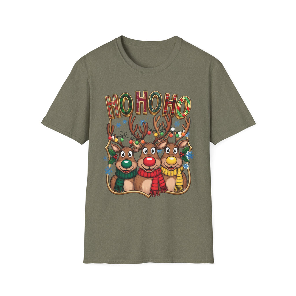 Reindeer Trio Ho Ho Ho Christmas Lights print on the front of a Heather Military Green t-shirt, laid flat on white