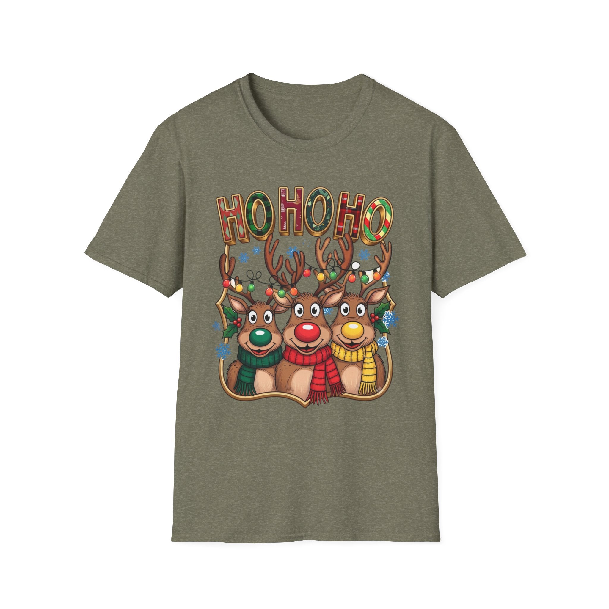 Reindeer Trio Ho Ho Ho Christmas Lights print on the front of a Heather Military Green t-shirt, laid flat on white