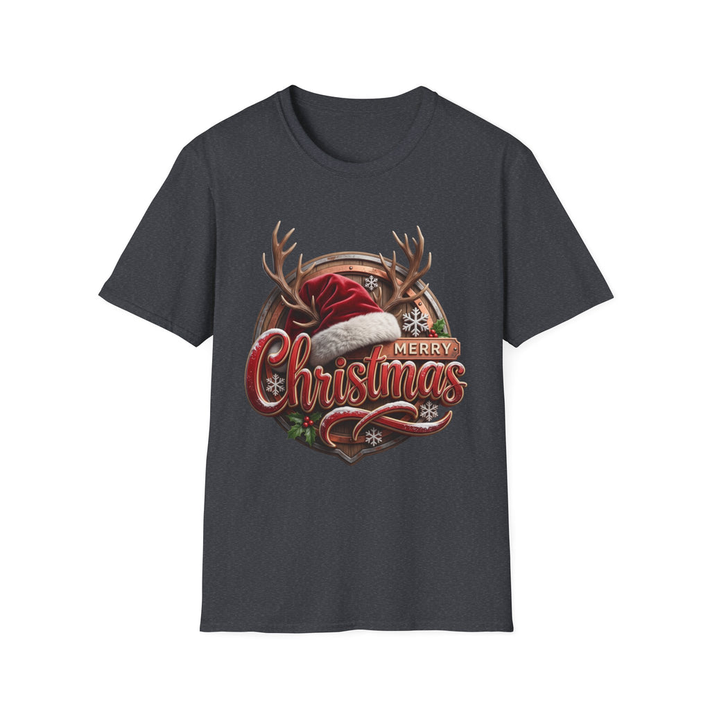Merry Christmas Vintage Santa Hat & Antlers print on the front of a Dark Heather Grey t-shirt, laid flat on white
