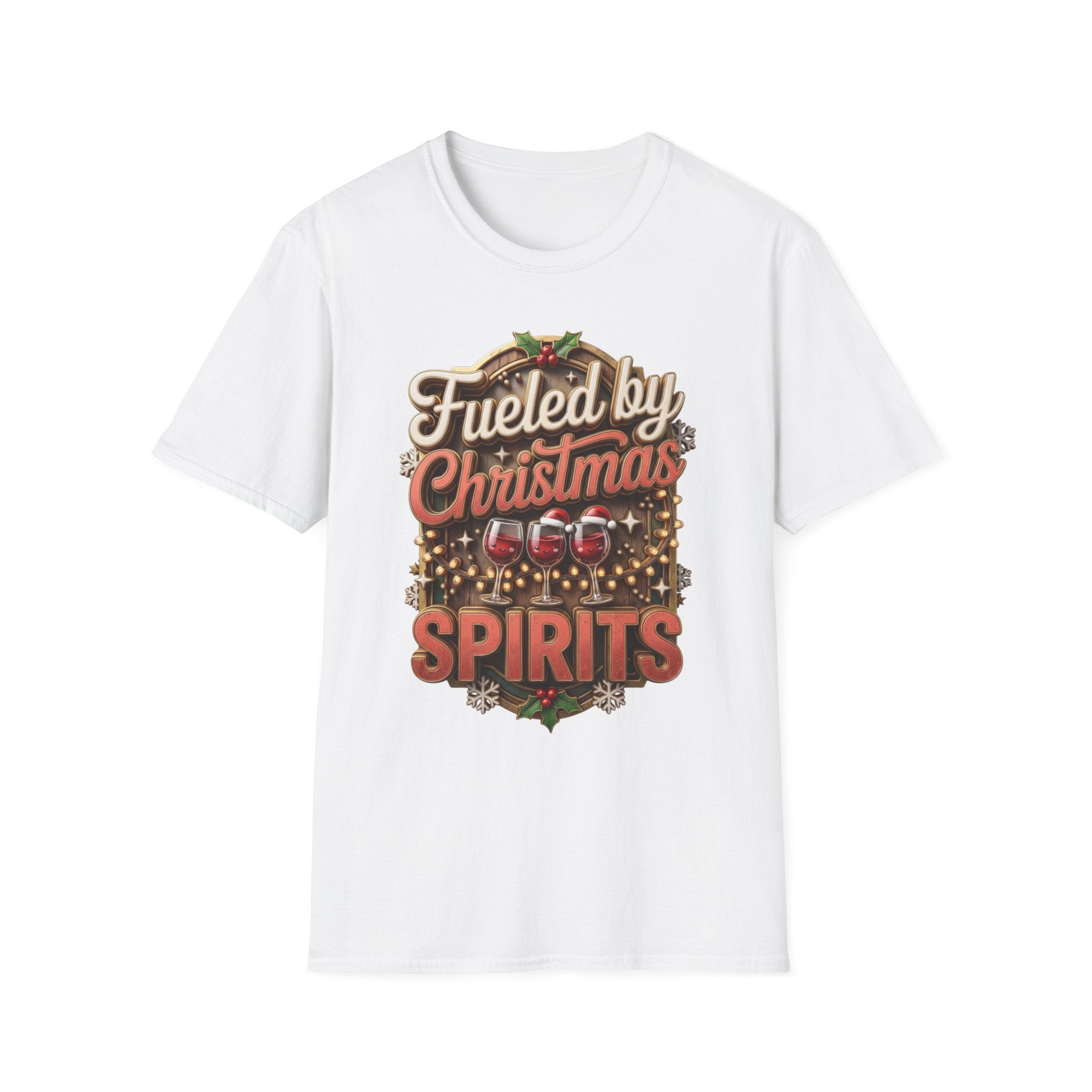 Fueled by Christmas Spirits Wine print on the front of a White t-shirt, laid flat on white