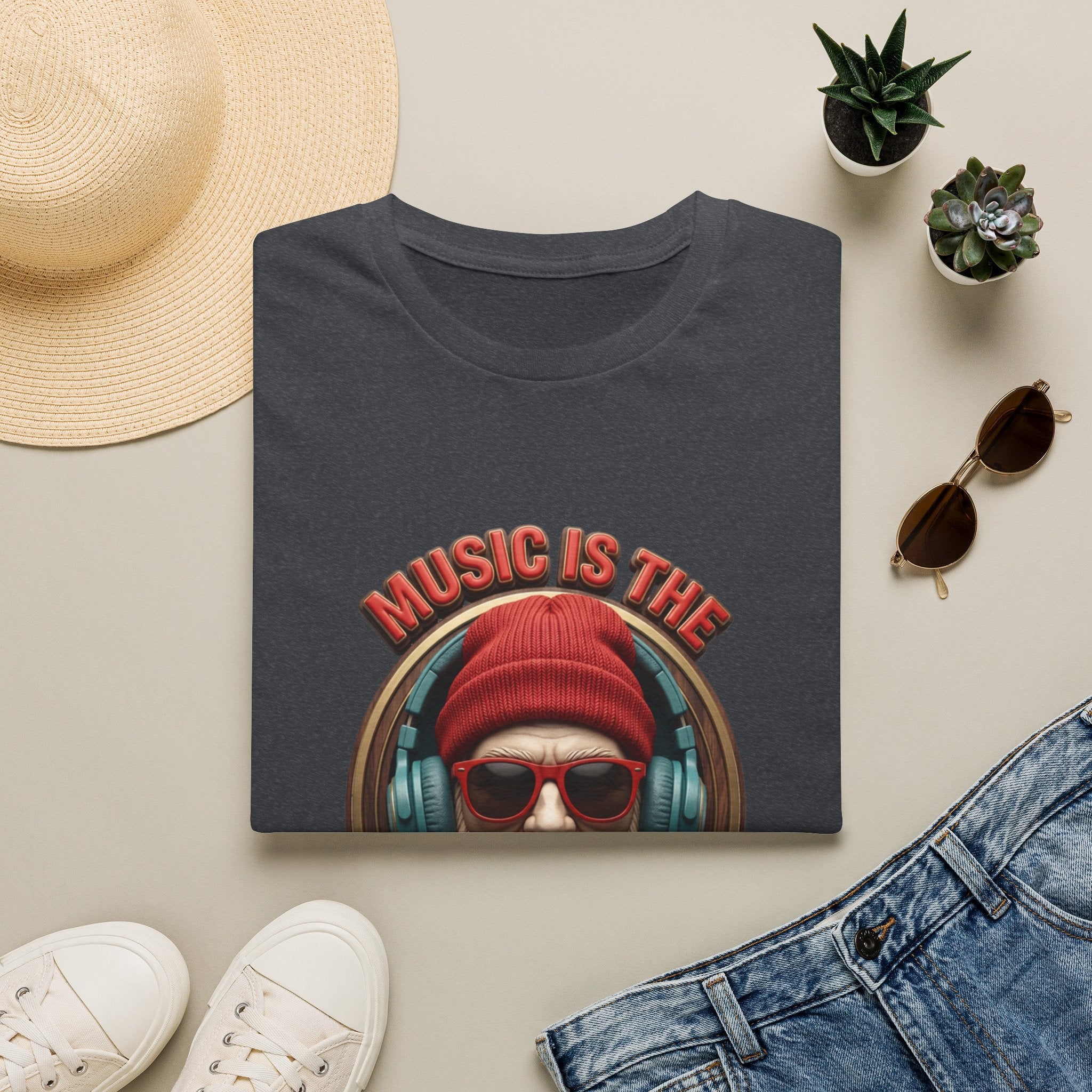 Music Is The Only Therapy Bearded Beanie print on a Dark Heather Grey t-shirt, folded beside a straw hat and jeans