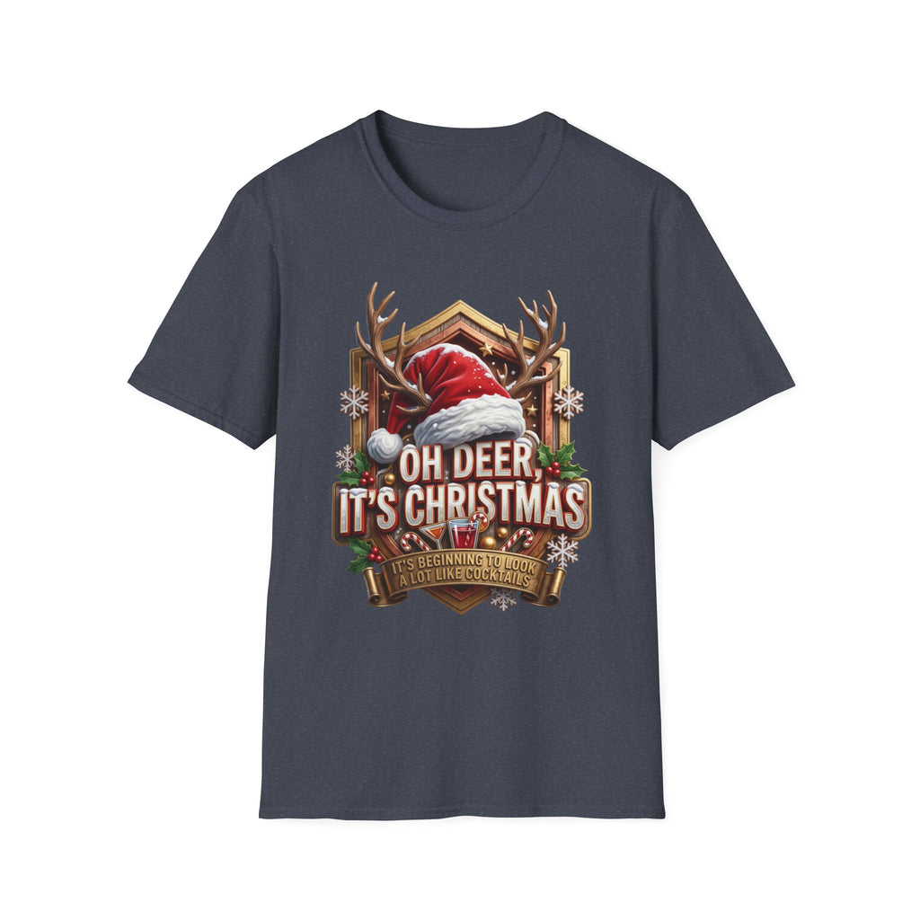 Oh Deer It's Christmas Looks a Lot Like Cocktails print on the front of a Heather Navy t-shirt, laid flat on white