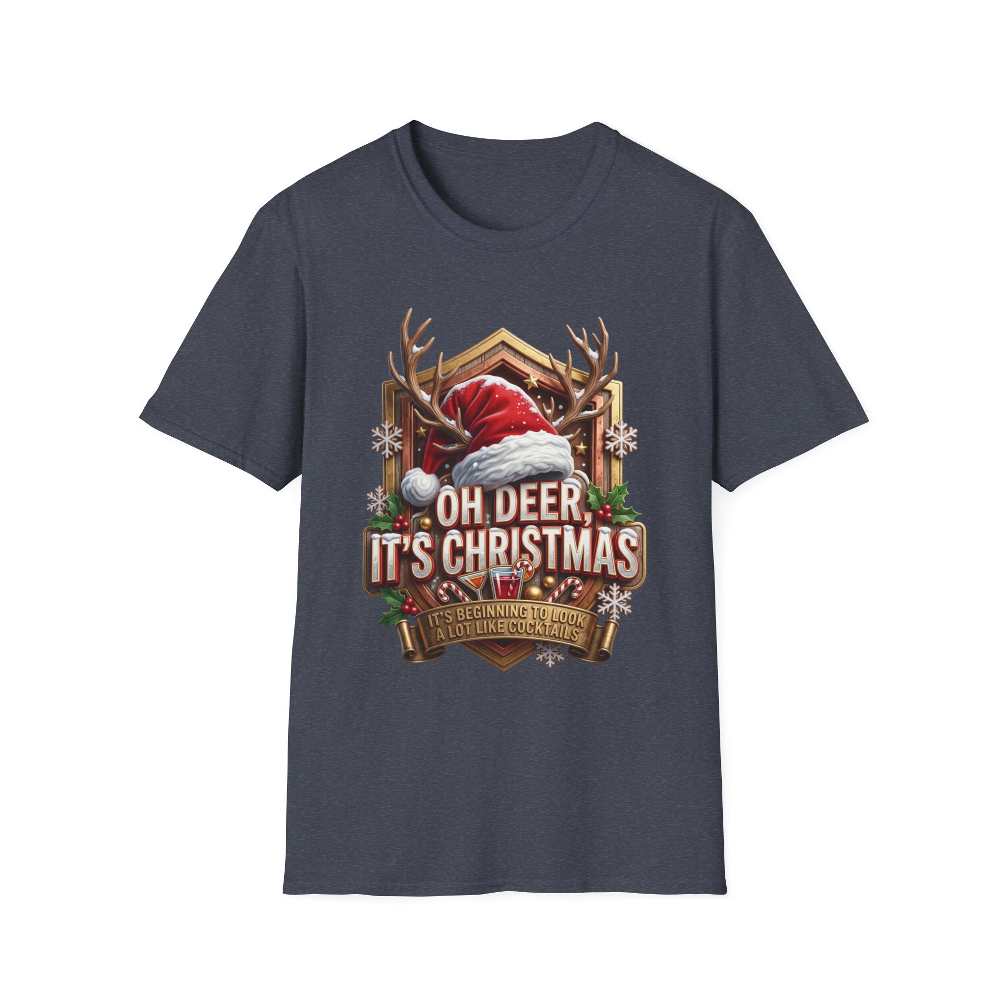 Oh Deer It's Christmas Looks a Lot Like Cocktails print on the front of a Heather Navy t-shirt, laid flat on white