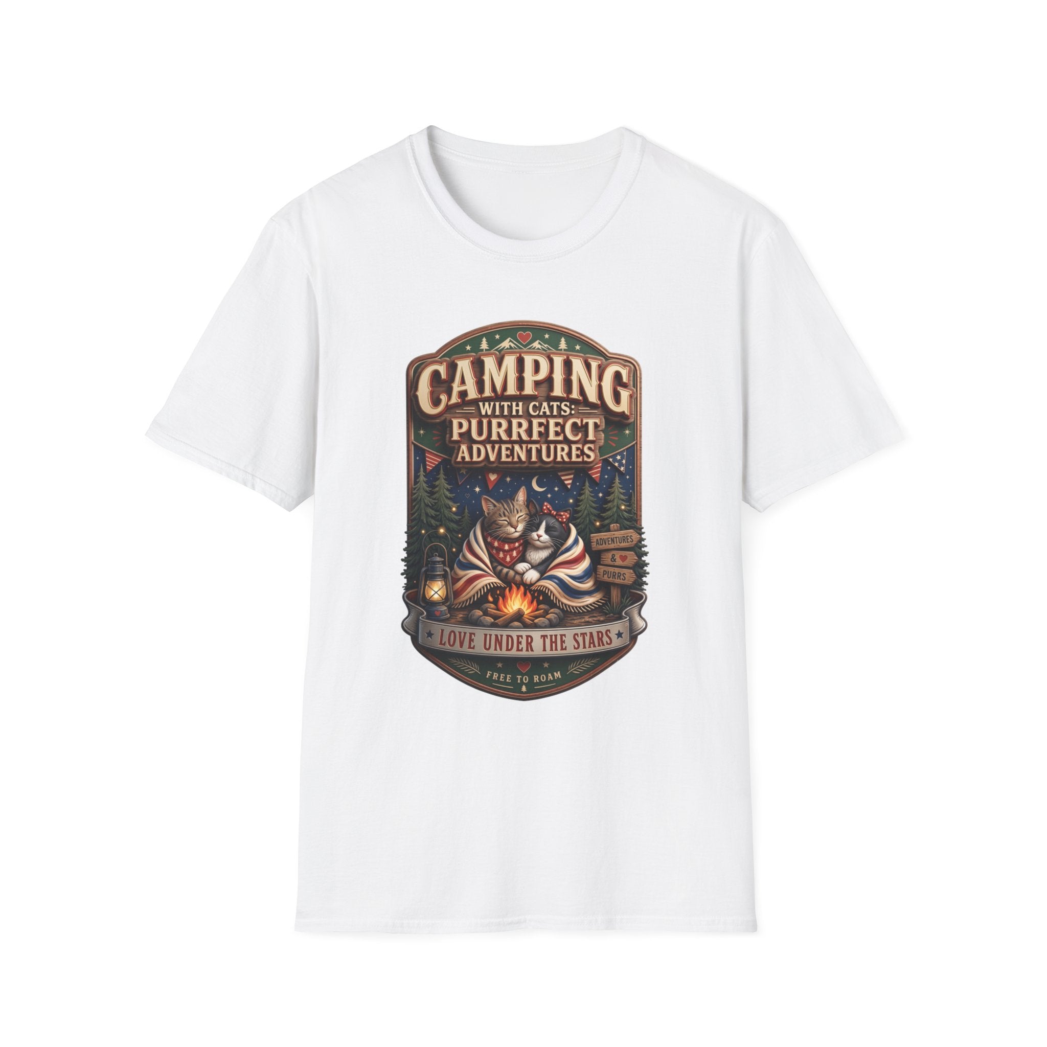 Camping With Cats Purrfect Adventures print on the front of a White t-shirt, laid flat on white