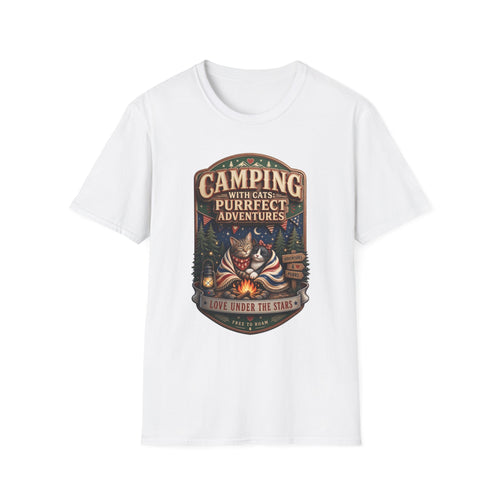 Camping With Cats Purrfect Adventures print on the front of a White t-shirt, laid flat on white