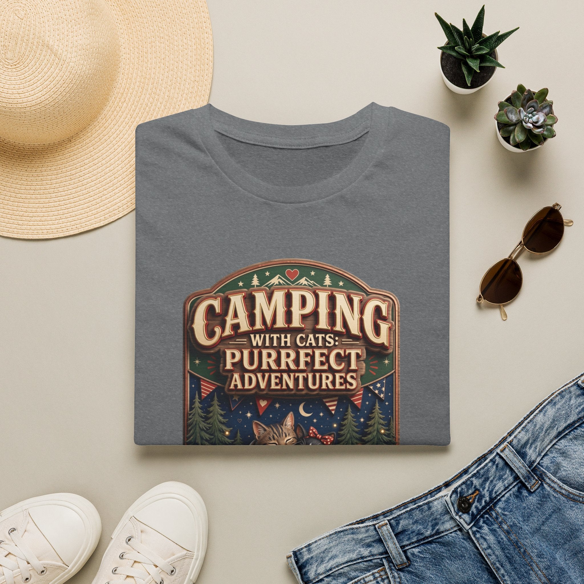 Camping With Cats Purrfect Adventures print on a Graphite Heather t-shirt, folded beside a straw hat and jeans