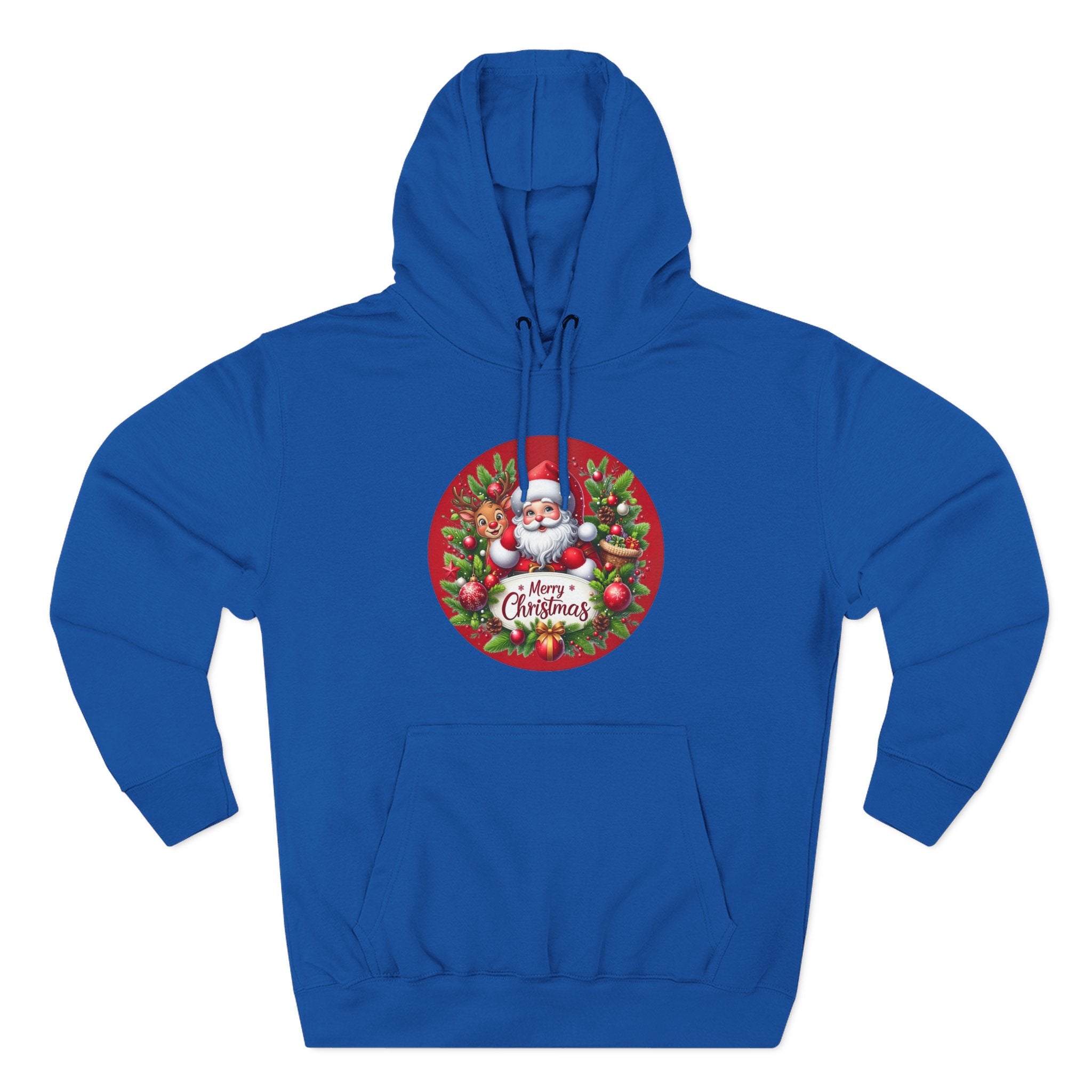 Santa & Reindeer Merry Christmas Wreath Hoodie, shown in Royal Blue