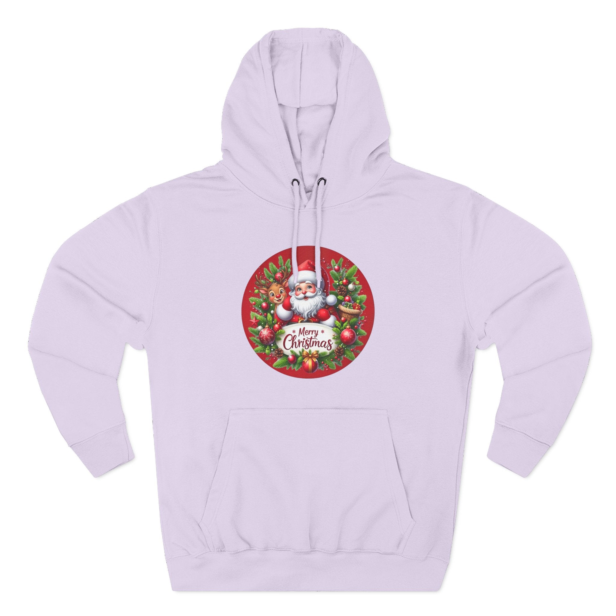 Santa & Reindeer Merry Christmas Wreath Hoodie, shown in Lilac