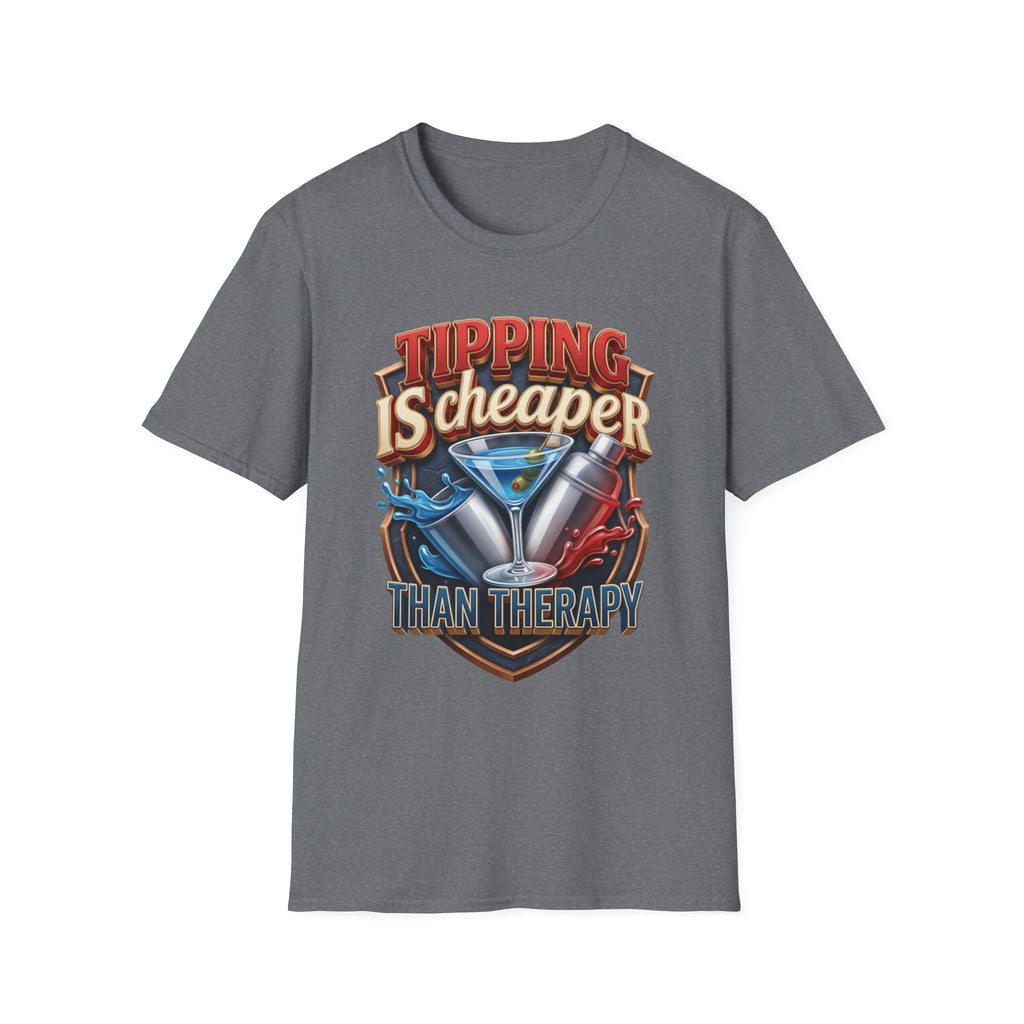 Tipping Is Cheaper Than Therapy Bartender print on the front of a Graphite Heather t-shirt, laid flat on white