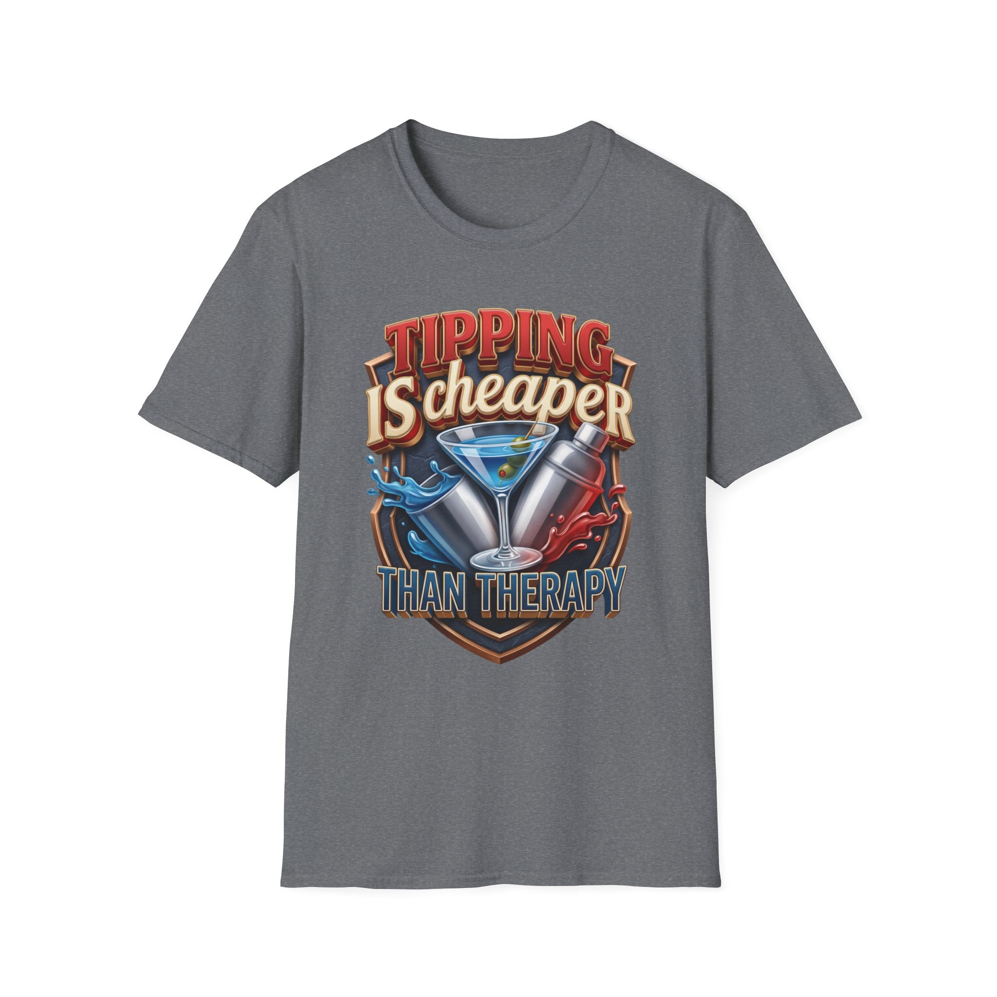 Tipping Is Cheaper Than Therapy Bartender print on the front of a Graphite Heather t-shirt, laid flat on white