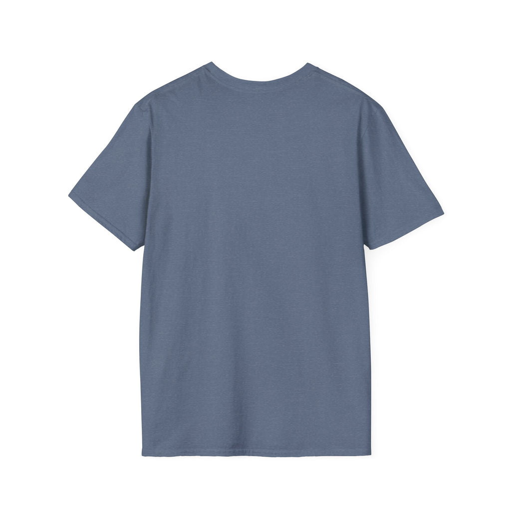 Back of the plain Heather Indigo t-shirt, no print, laid flat on white