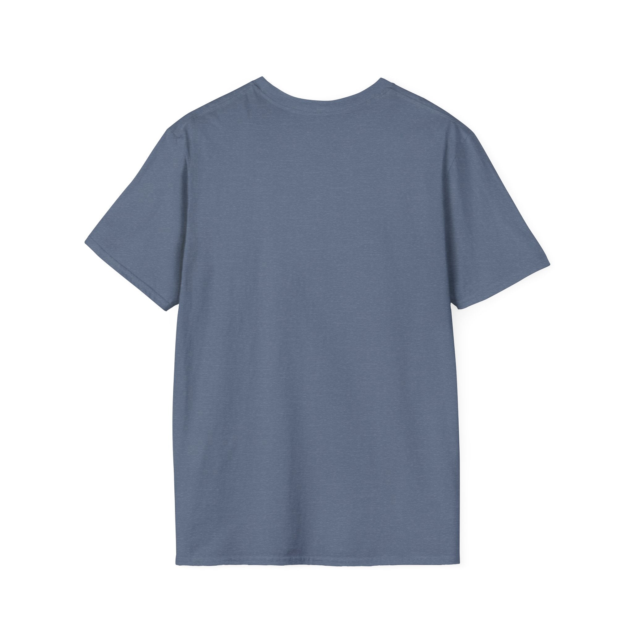 Back of the plain Heather Indigo t-shirt, no print, laid flat on white