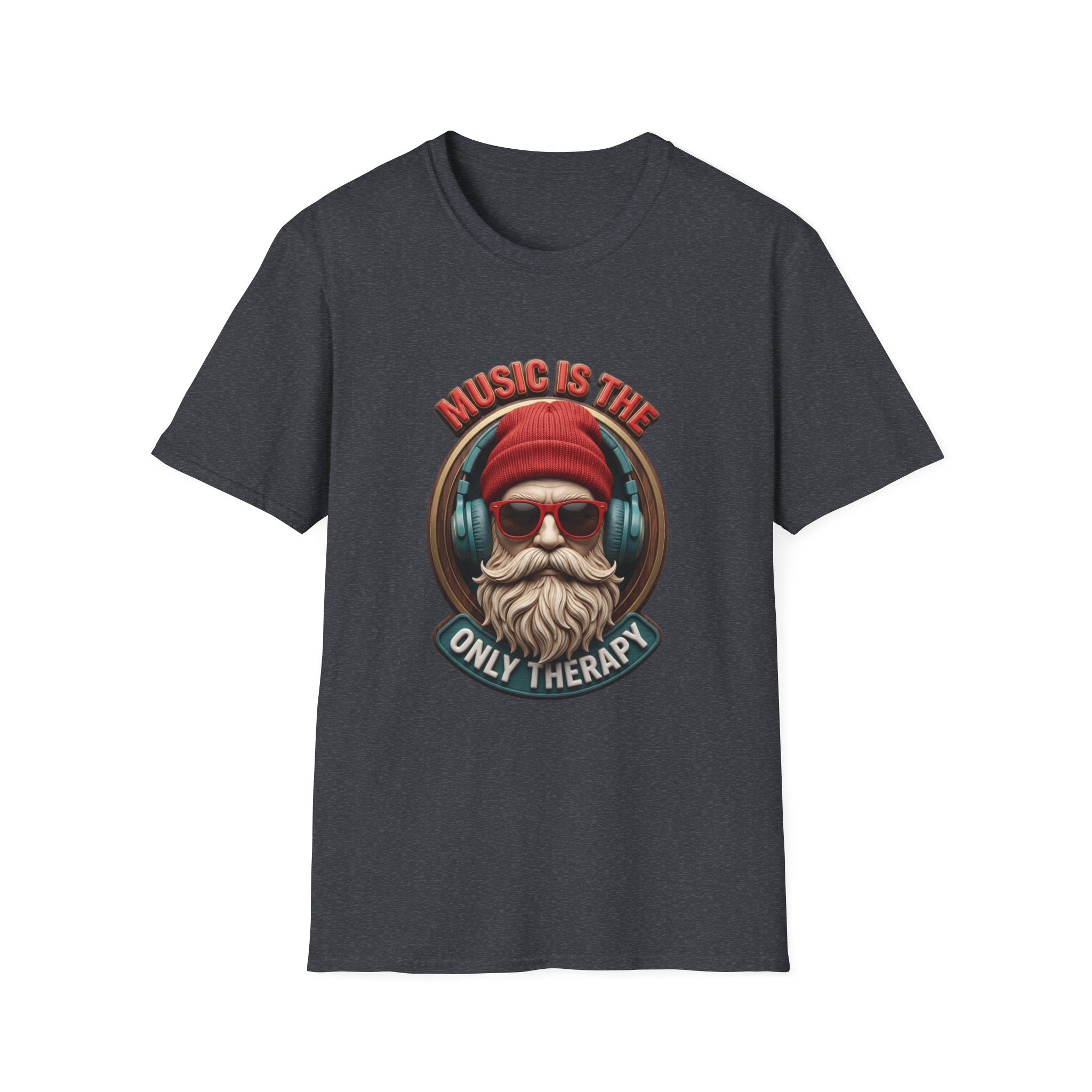 Music Is The Only Therapy Bearded Beanie print on the front of a Dark Heather Grey t-shirt, laid flat on white
