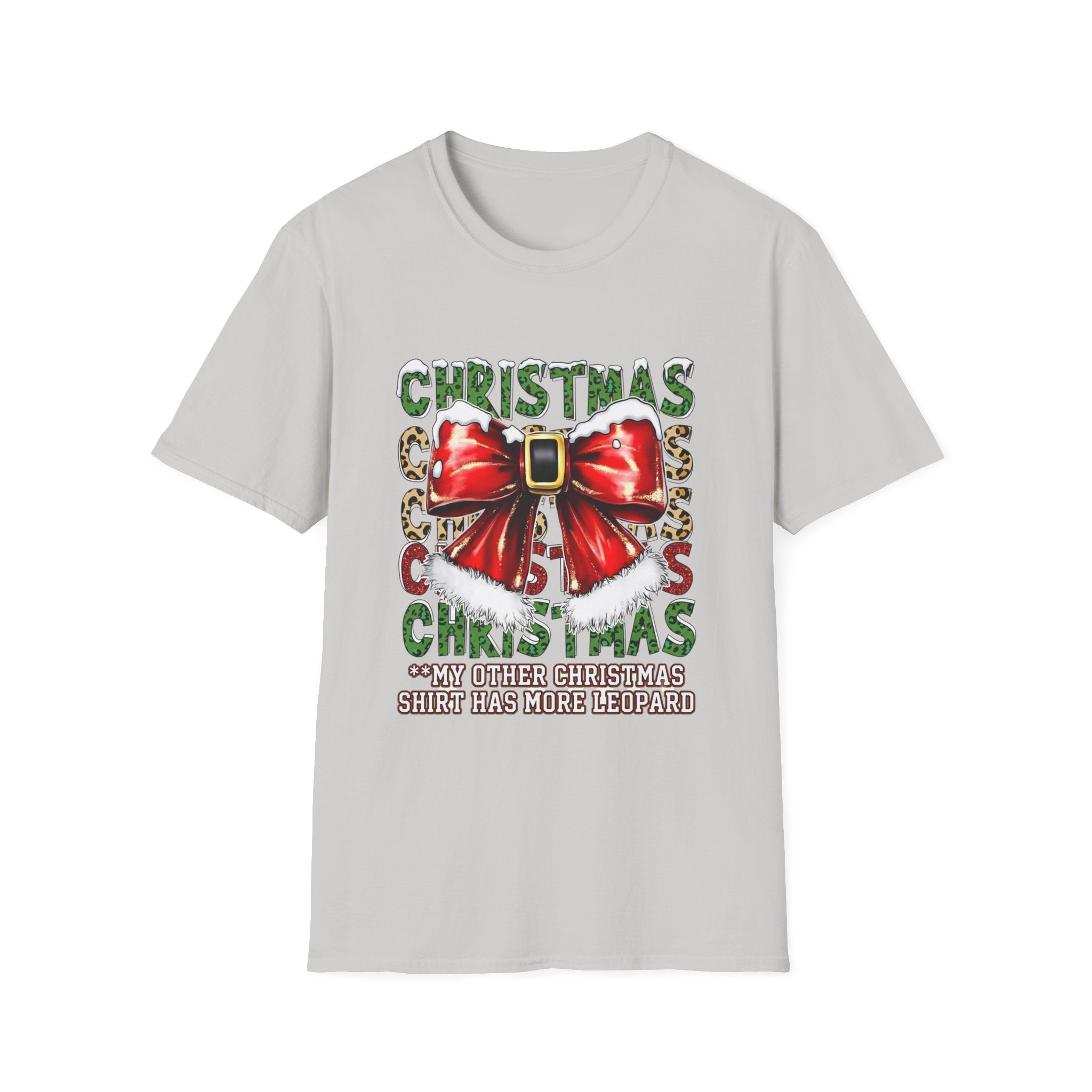 Stacked Christmas Leopard Print Santa Belt Bow print on the front of an Ice Grey t-shirt, laid flat on white