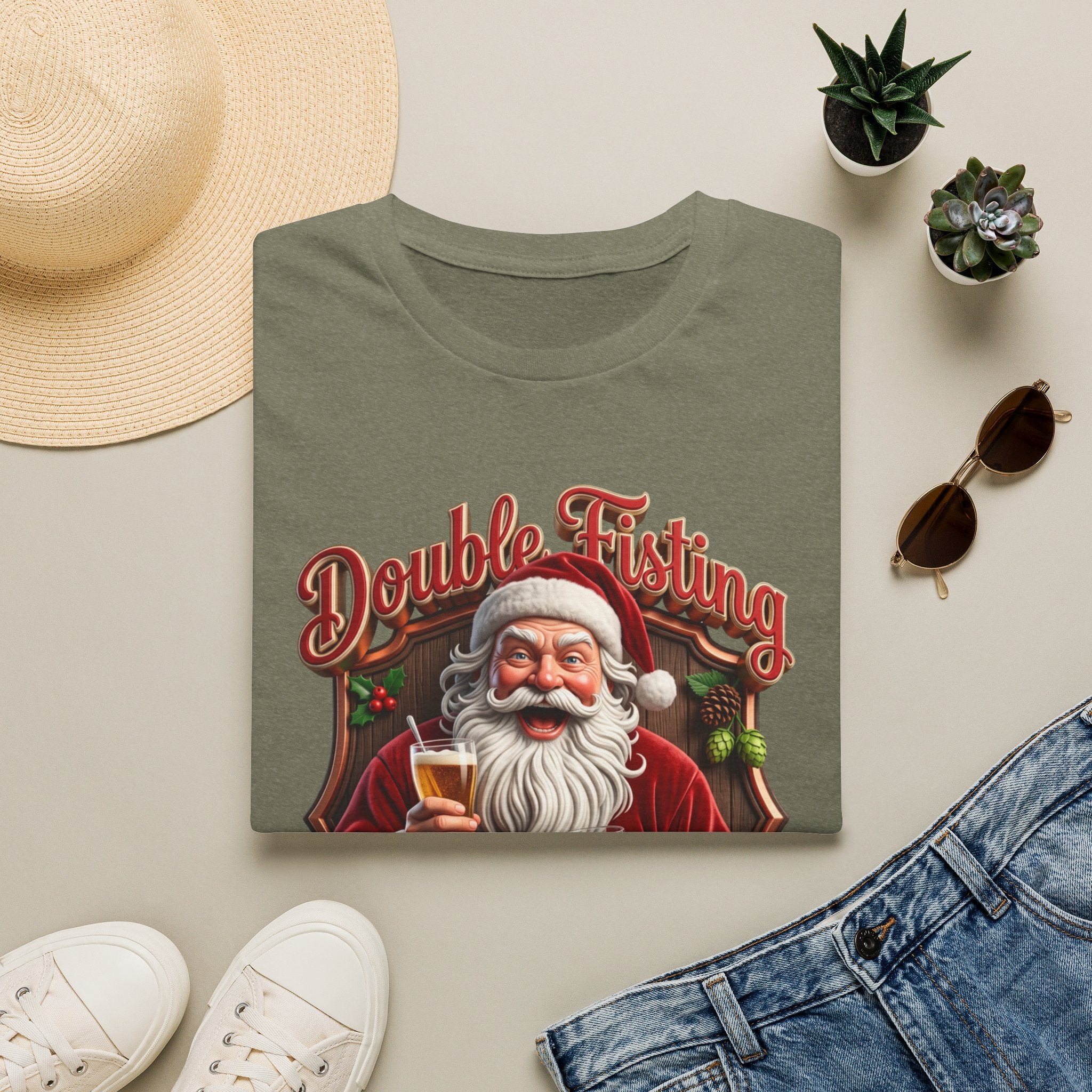 Santa Beer in Each Hand Funny print on a Heather Military Green t-shirt, folded beside a straw hat and jeans