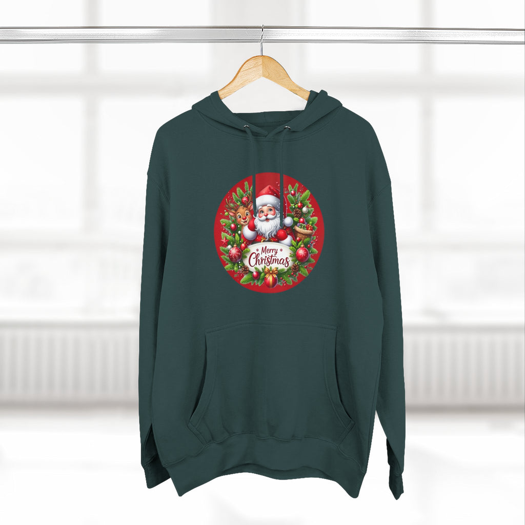 Santa & Reindeer Merry Christmas Wreath Hoodie